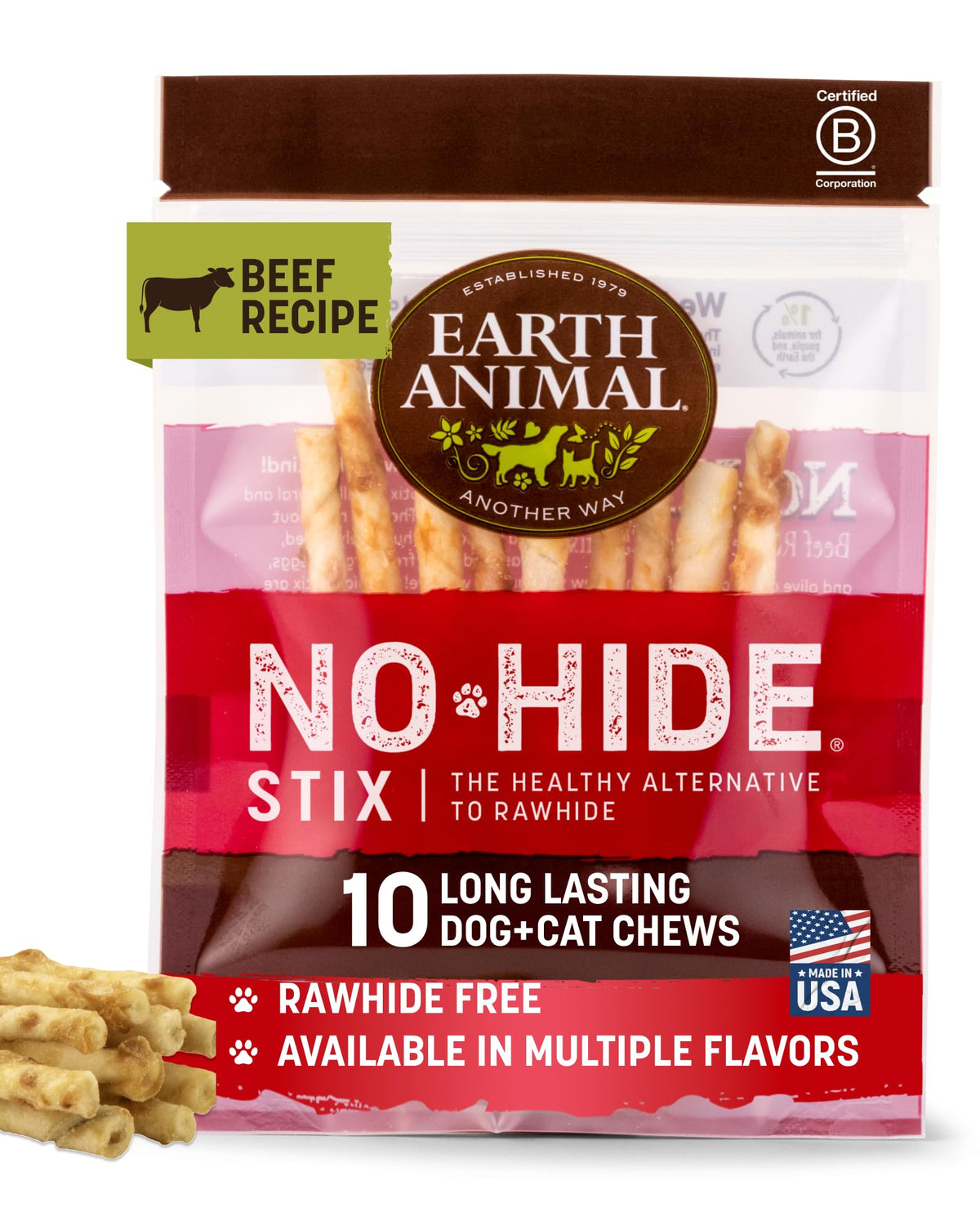 Earth Animal No Hide Stix emballage sain et durable pour petits chiens.