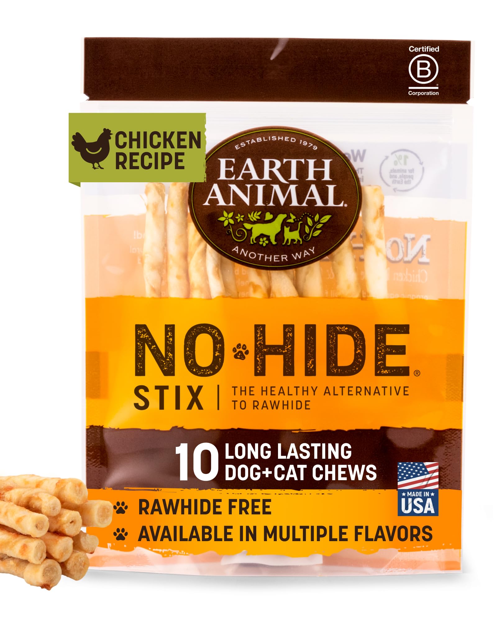 Earth Animal No Hide Stix paquet de 10 friandises au poulet sans rawhide