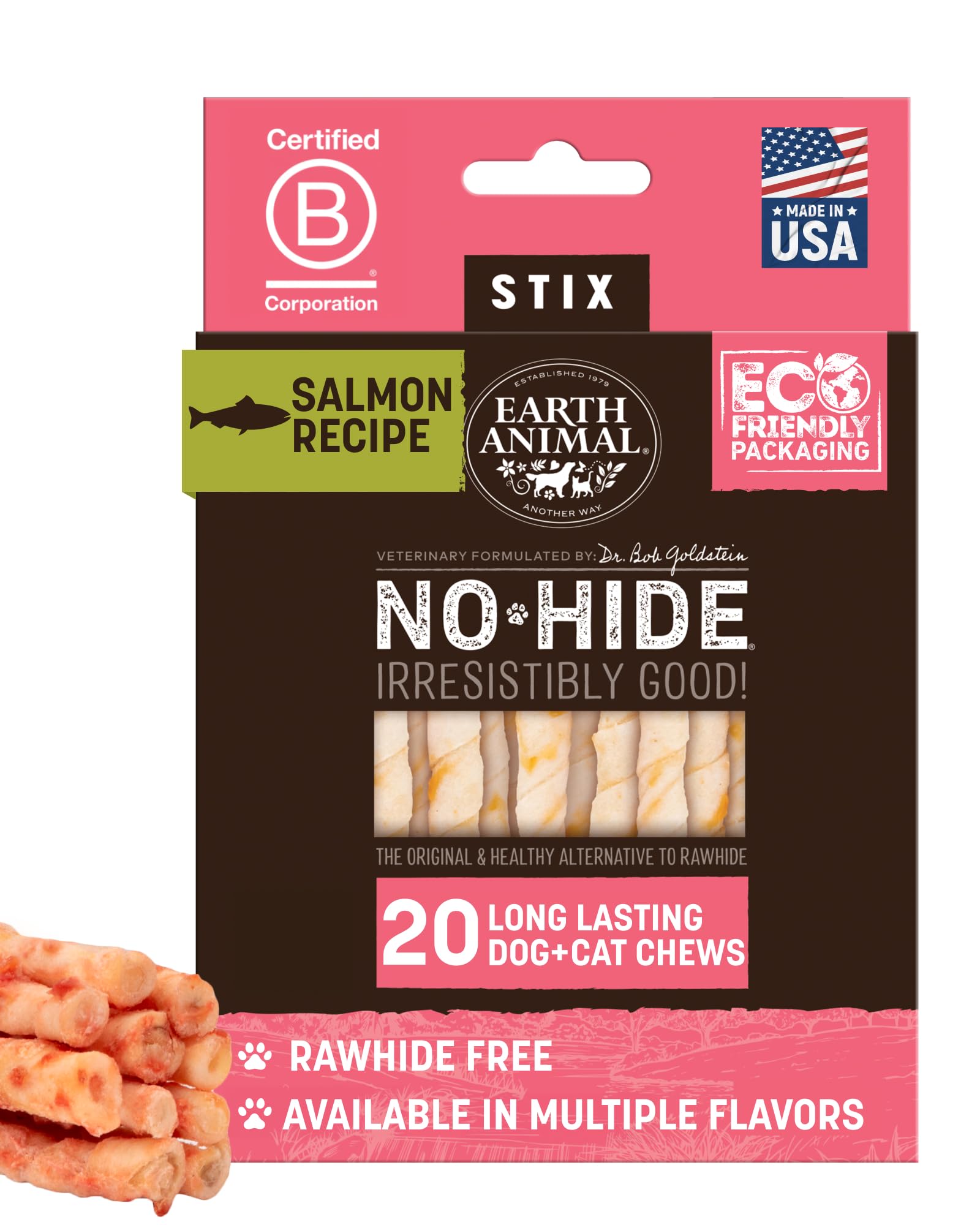 Earth Animal No Hide Stix saumon petit pack pour petits chiens.