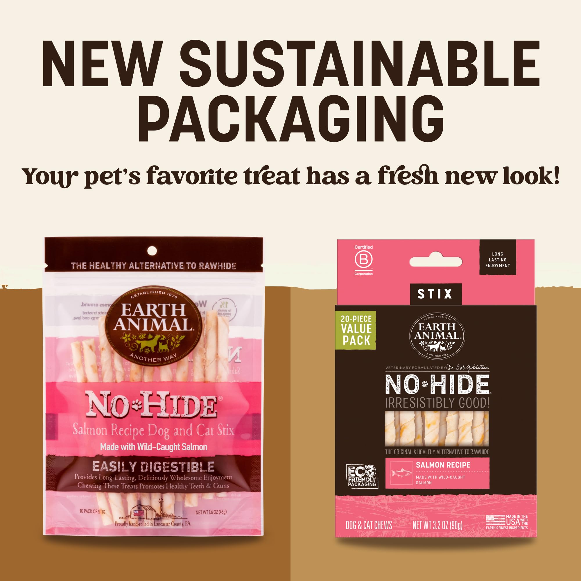 Earth Animal No Hide Stix saumon texture naturelle pour mastication longue.