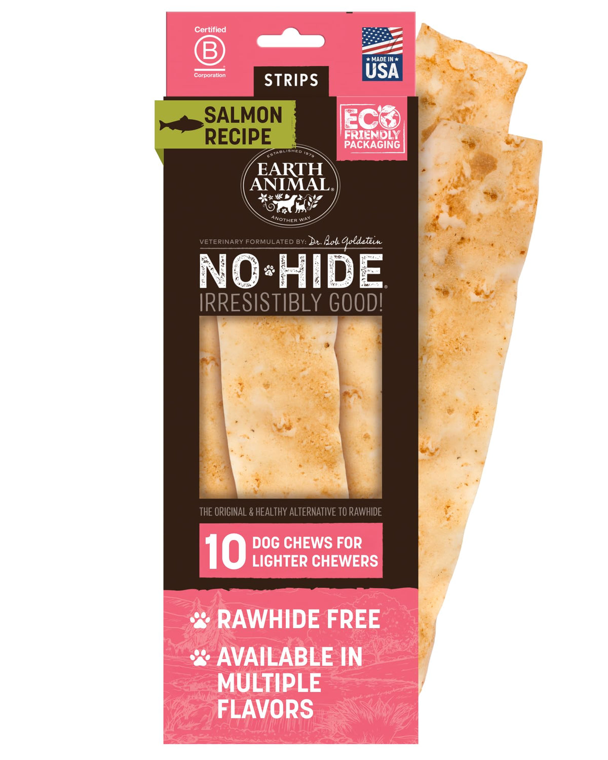 Earth Animal No Hide Strips saumon – emballage 10 pièces, récompense pratique pour chiens.