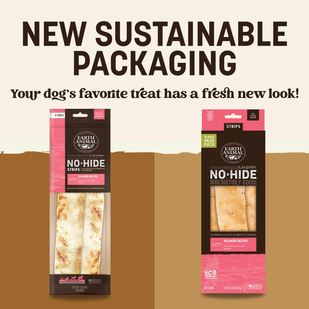 Earth Animal No Hide Strips saumon – bouchées tendres, faciles à mâcher pour chiens.