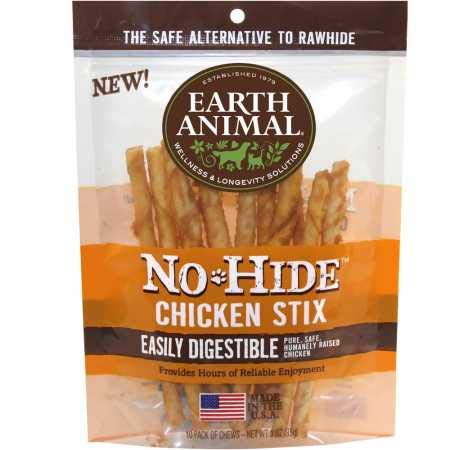 Earth Animal NoHide Chicken Stix 10 Pack – bâtonnets sans cuir pour chiens et chats, mastication durable.
