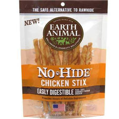 Earth Animal NoHide Chicken Stix 10 Pack – bâtonnets sans cuir pour chiens et chats, mastication durable.