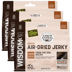 Earth Animal Wisdom Jerky emballage 3 paquets de 4 oz prêt à partager.