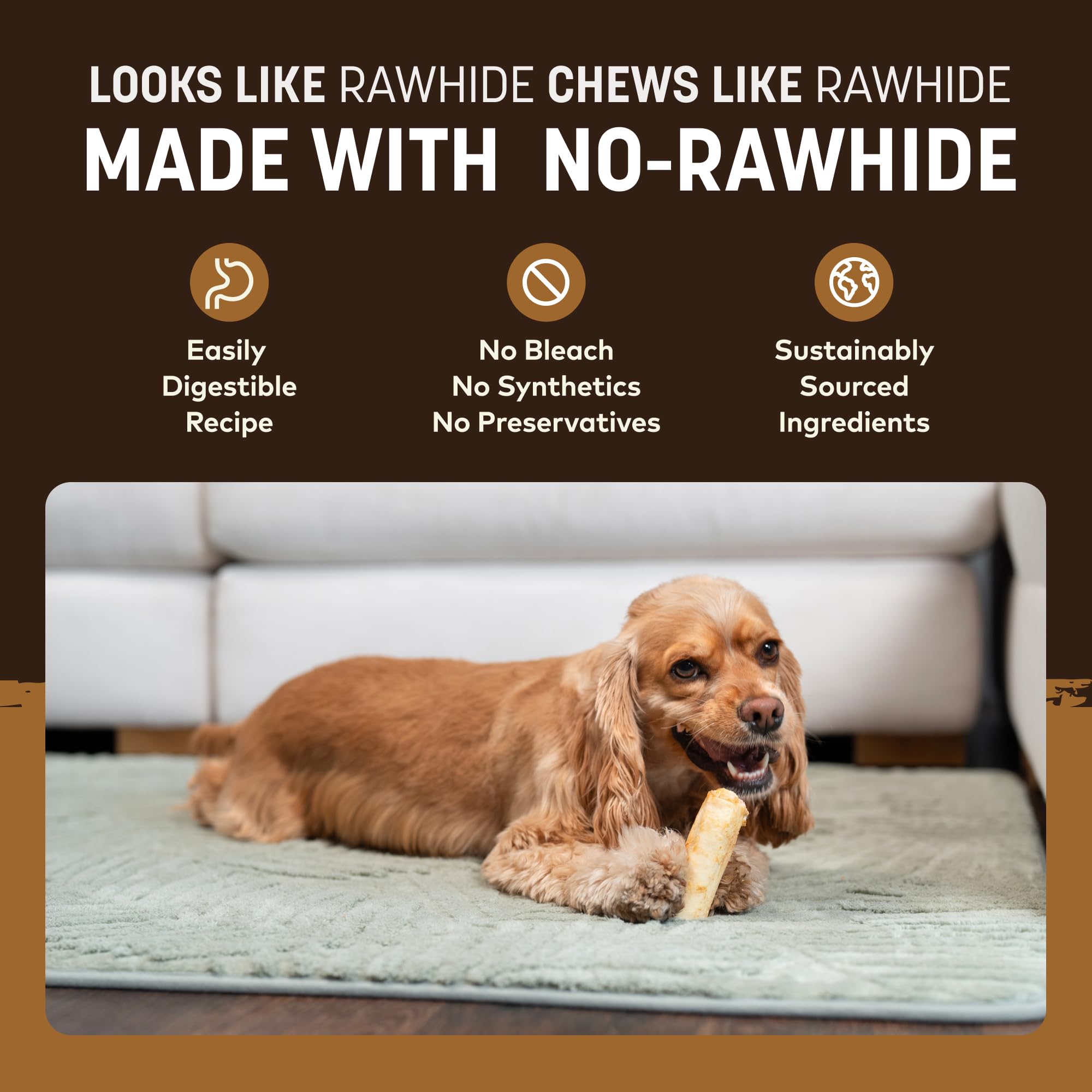 Premier plan: friandises sans cuir Earth Animal, facile à mâcher pour petits chiens.