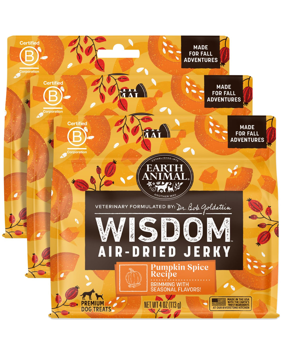 Earth Animal Wisdom friandises séchées à l’air, pack-shot potiron épice, récompense idéale.