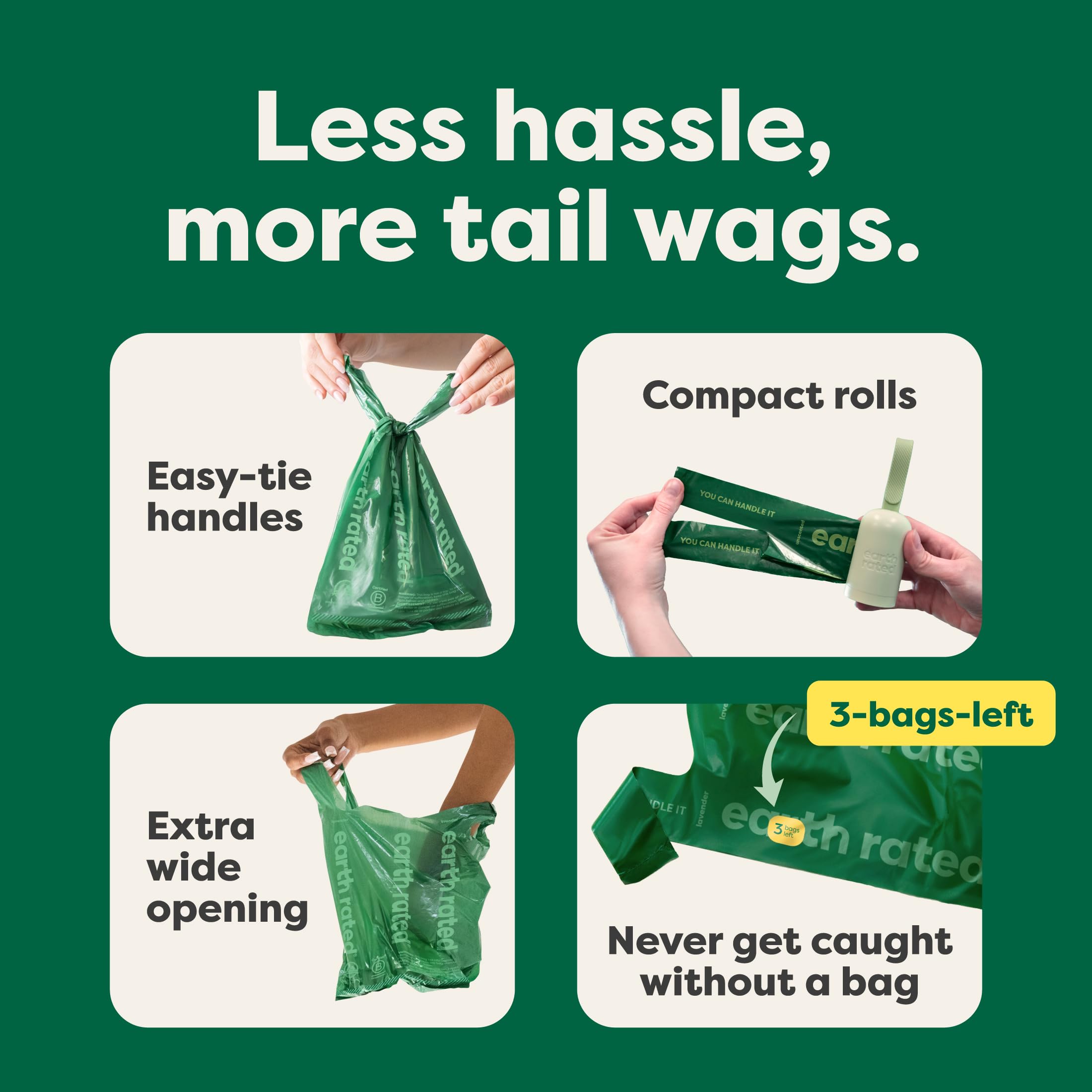 Earth Rated sacs-crottes en plastique recycle post-consommation a 65 pour-cent.