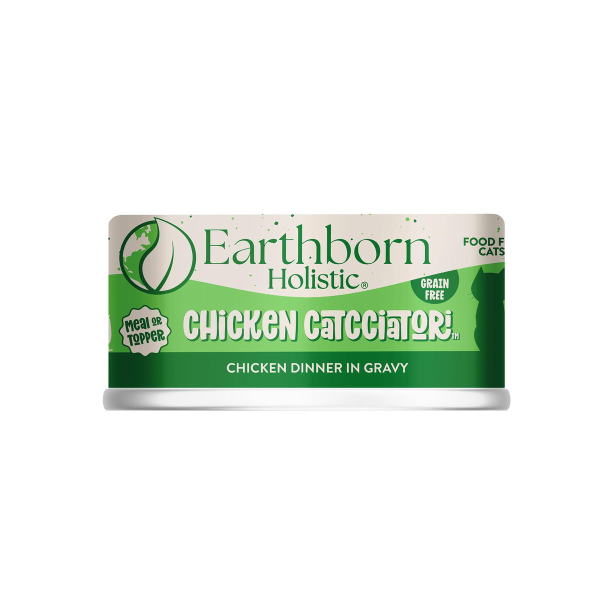 Earthborn Holistic Catcciatori : boîte ouverte révélant poulet tendre dans une sauce savoureuse.