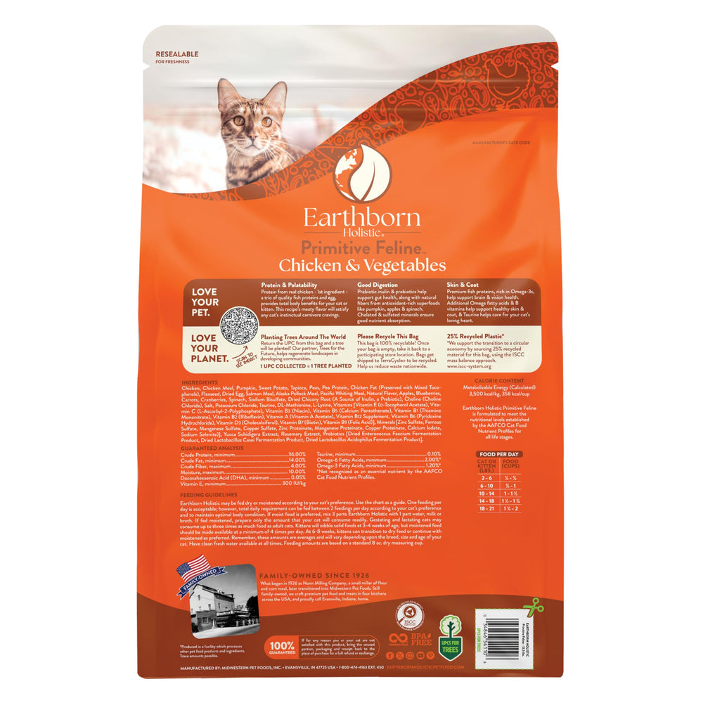 Earthborn Holistic Primitive Feline, protéines poisson, nutrition complète.