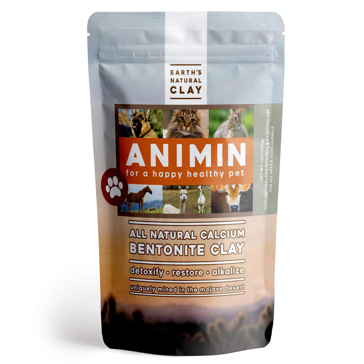 Earth's Living Animin Calcium Bentonite, poudre pour animaux, soutien digestif potentiel.