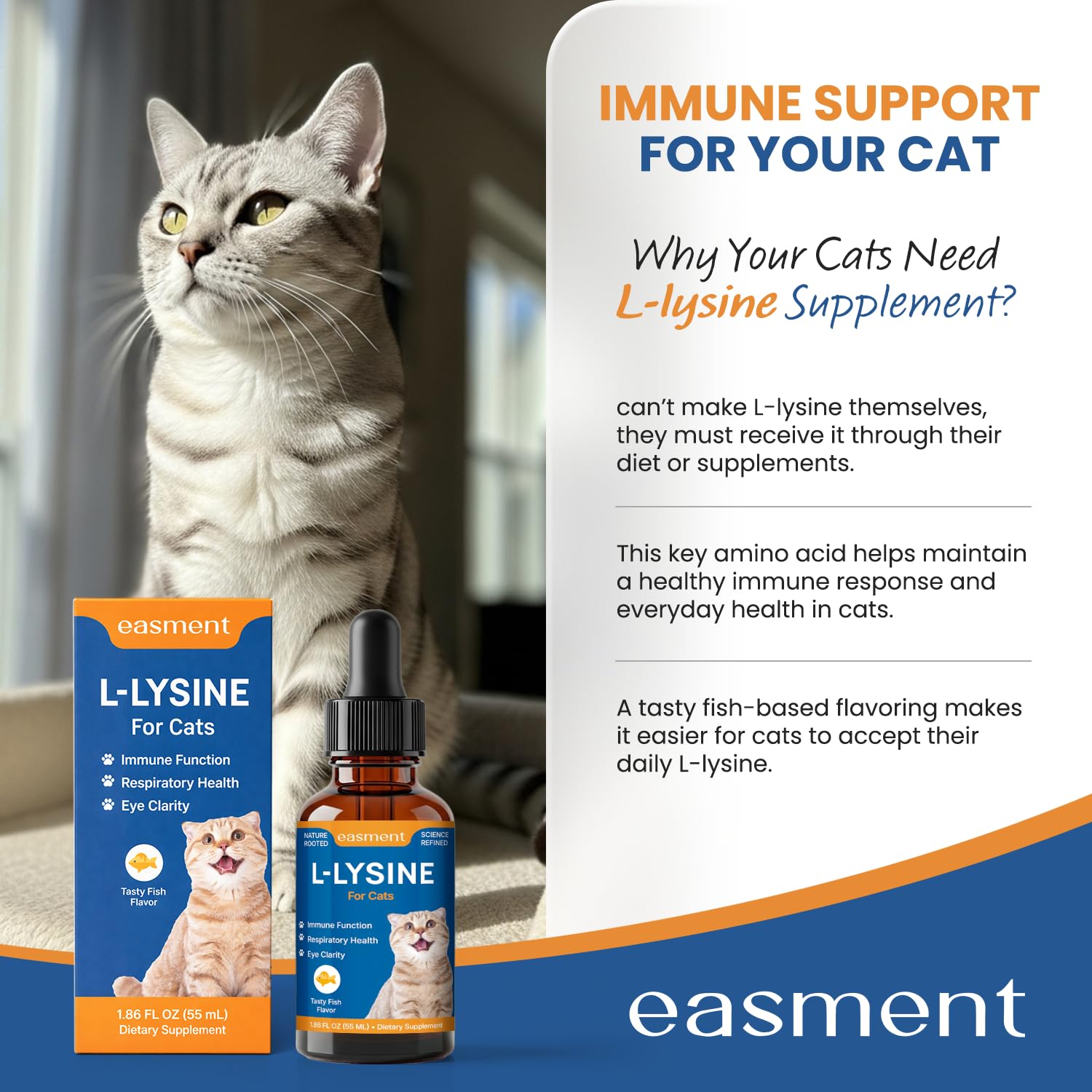 Chat acceptant le goût poisson avec Easment L-Lysine sur nourriture.