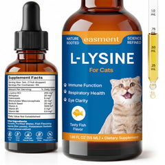 Easment L-Lysine pour chats – flacon poisson, soutien immunitaire potentiel.