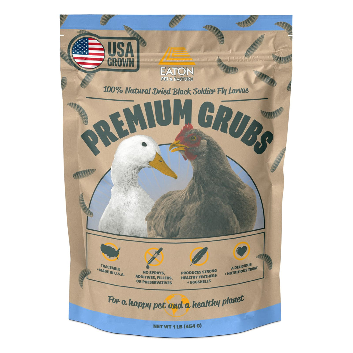 Eaton Pet and Pasture Premium Grubs dans une boîte prête à nourrir vos volailles.