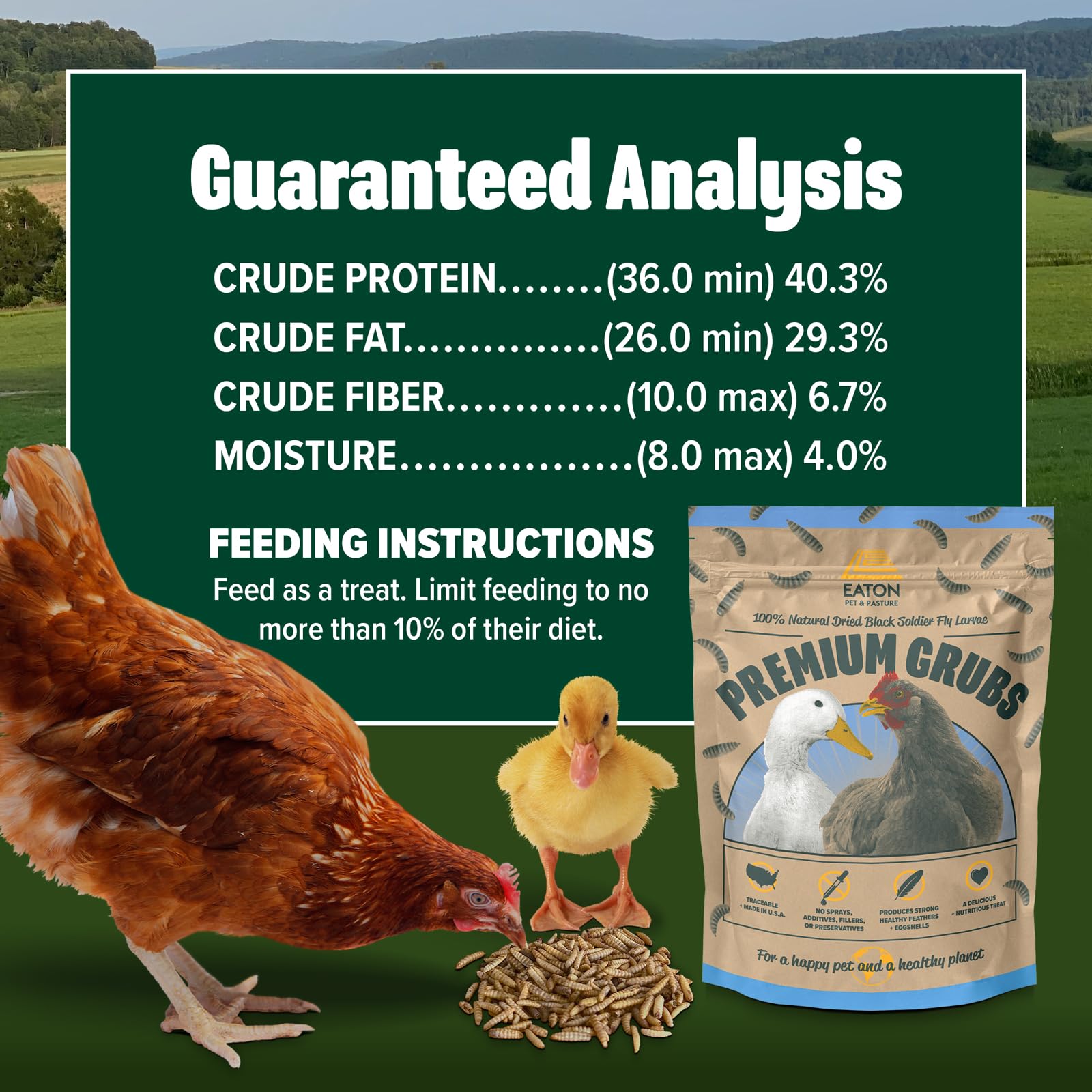 Grubs cultivées aux États-Unis avec des matériaux sûrs pour l’alimentation animale.