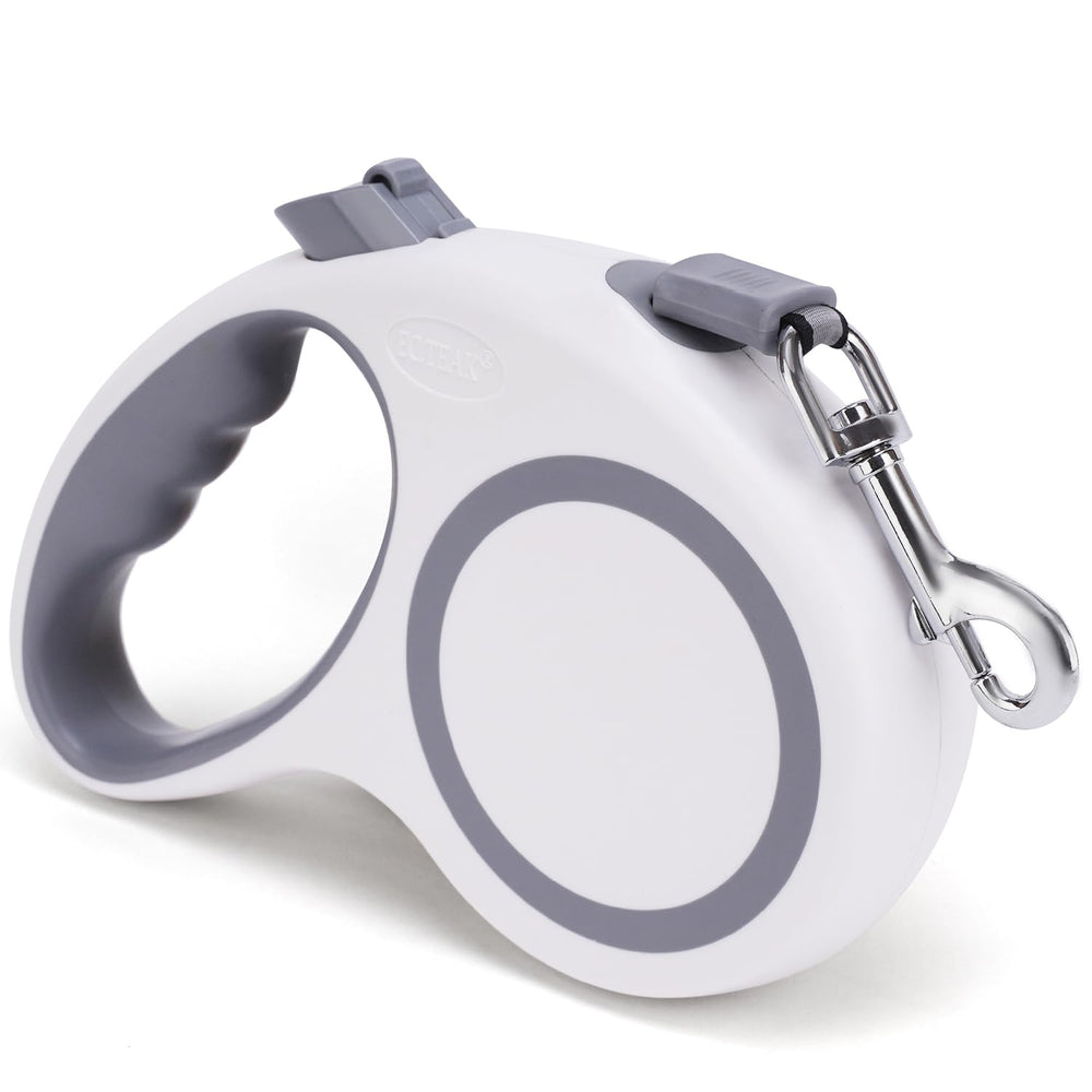 Laisse retractable EC.TEAK blanche pour chiens, poignée ergonomique et mouvement fluide.