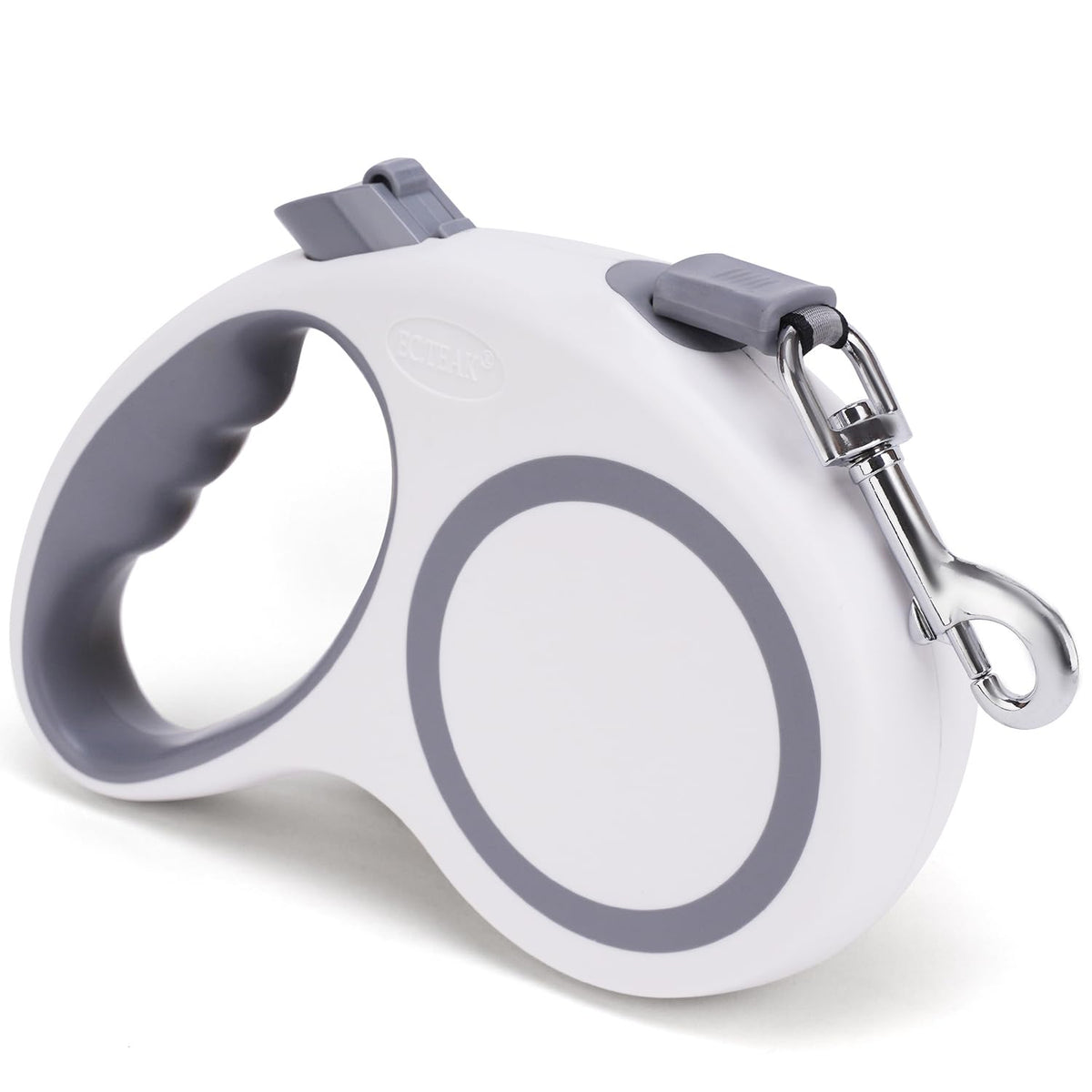 Laisse retractable EC.TEAK blanche pour chiens, poignée ergonomique et mouvement fluide.