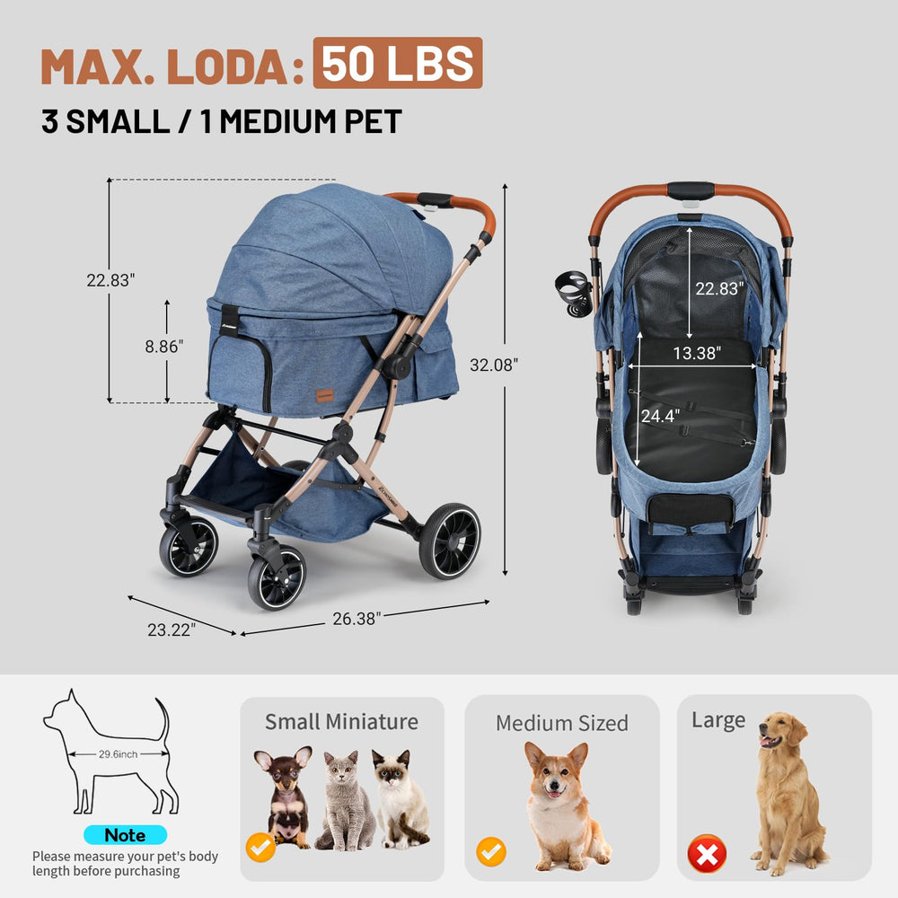 EchoSmile Poussette chat grande 4 roues, pliable pour voyages faciles.