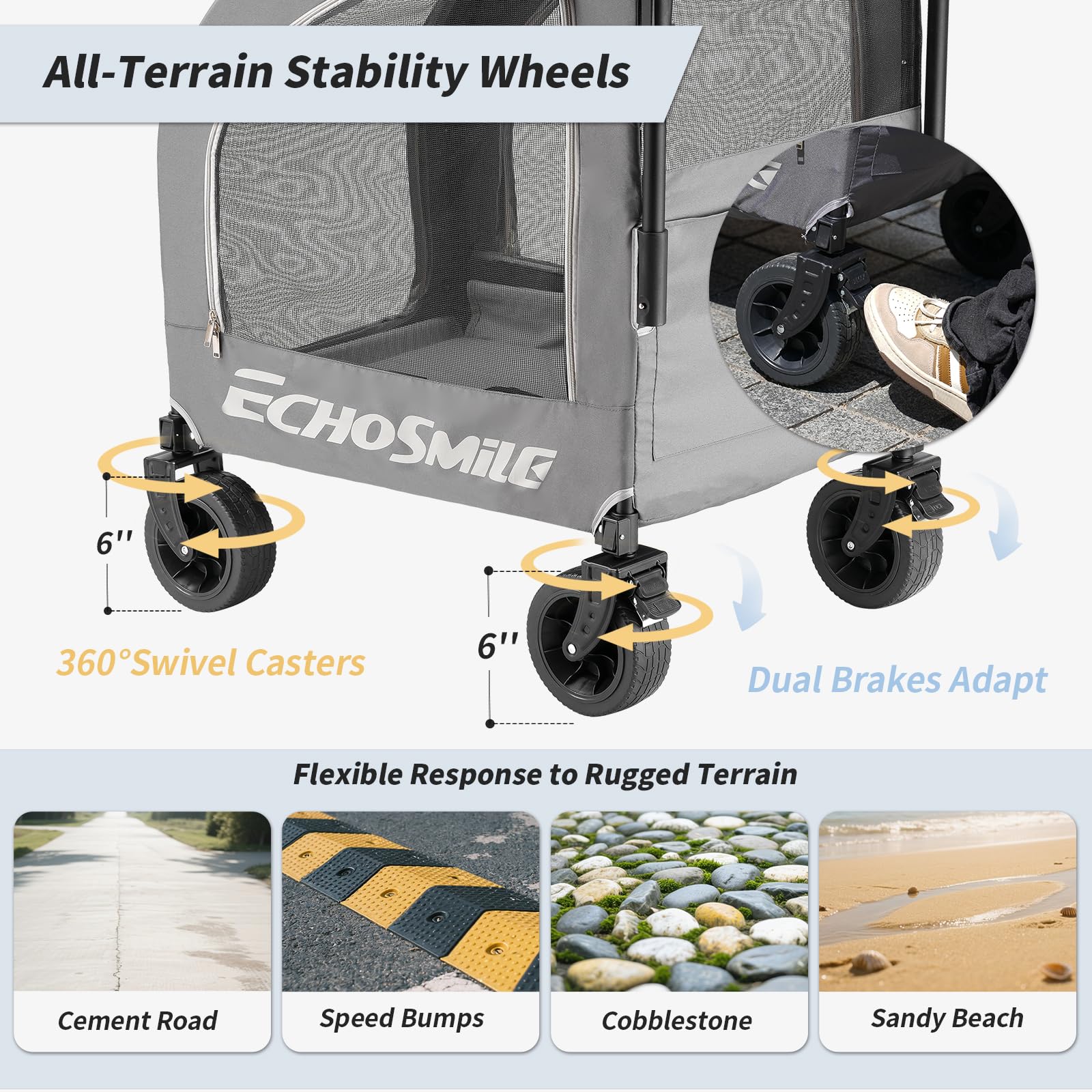 EchoSmile Stabilite tout-terrain avec rotation avant 360 et frein arriere.