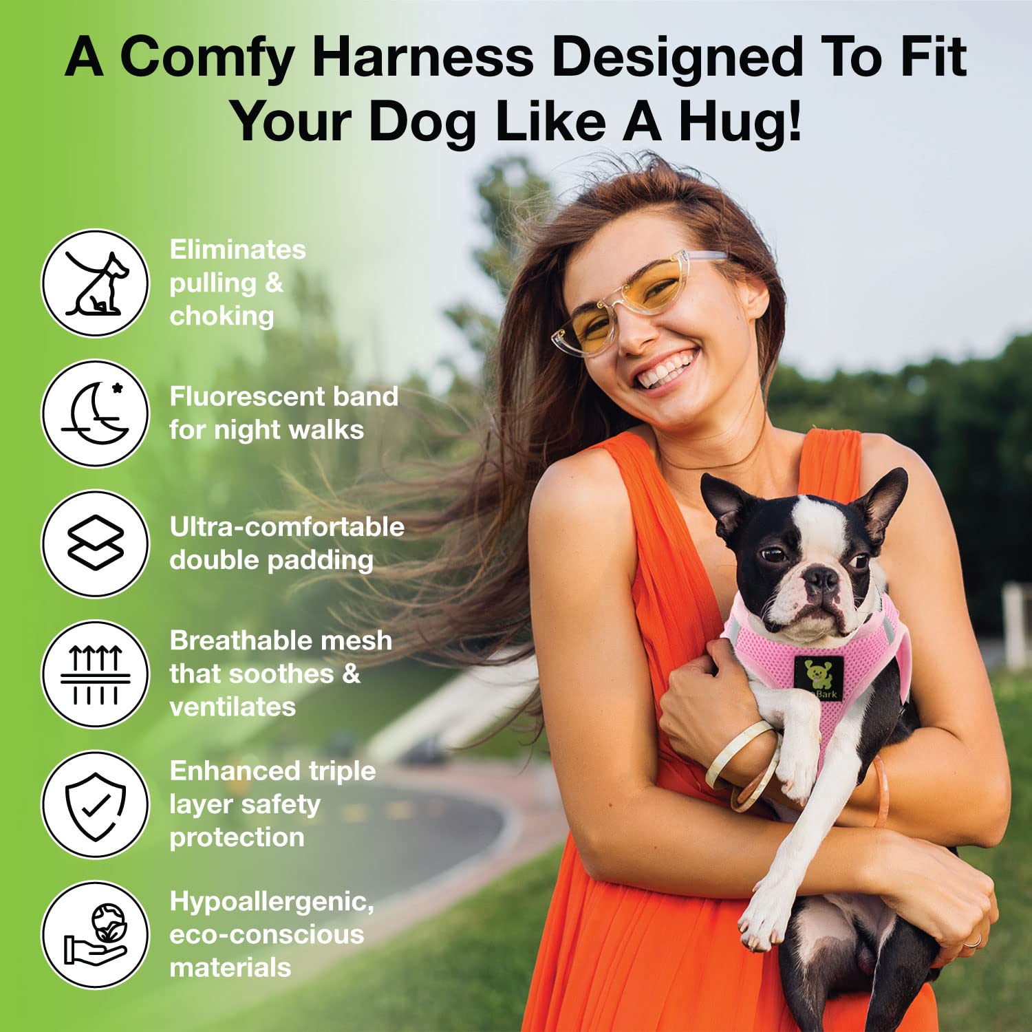 Harnais EcoBark enfilage rapide rose pratique en promenade