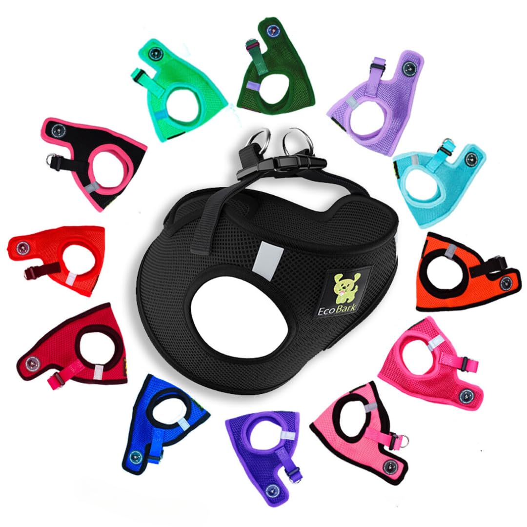 Harnais EcoBark à enfiler XXXS noir, vue avant, confort pour chiots très petits en promenade.
