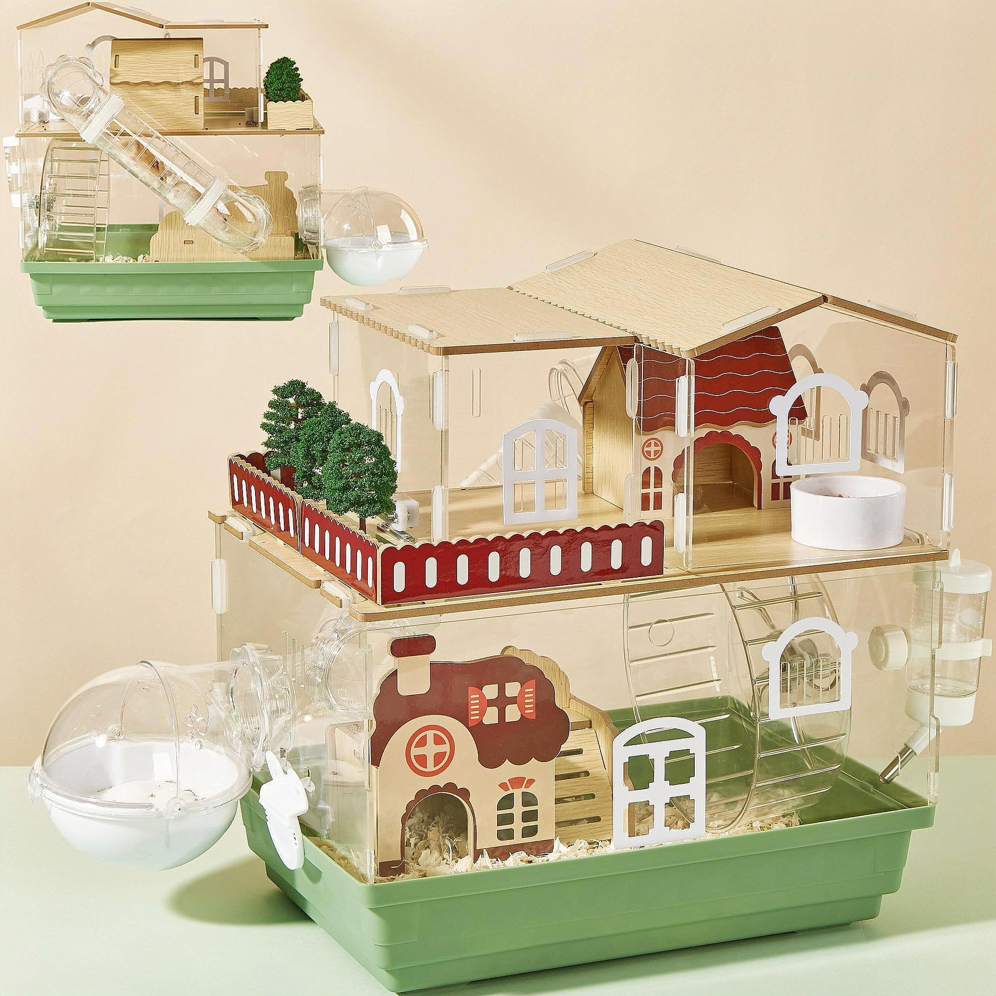 Cage ECOCEN pour hamster en acrylique clair avec tous les accessoires inclus.