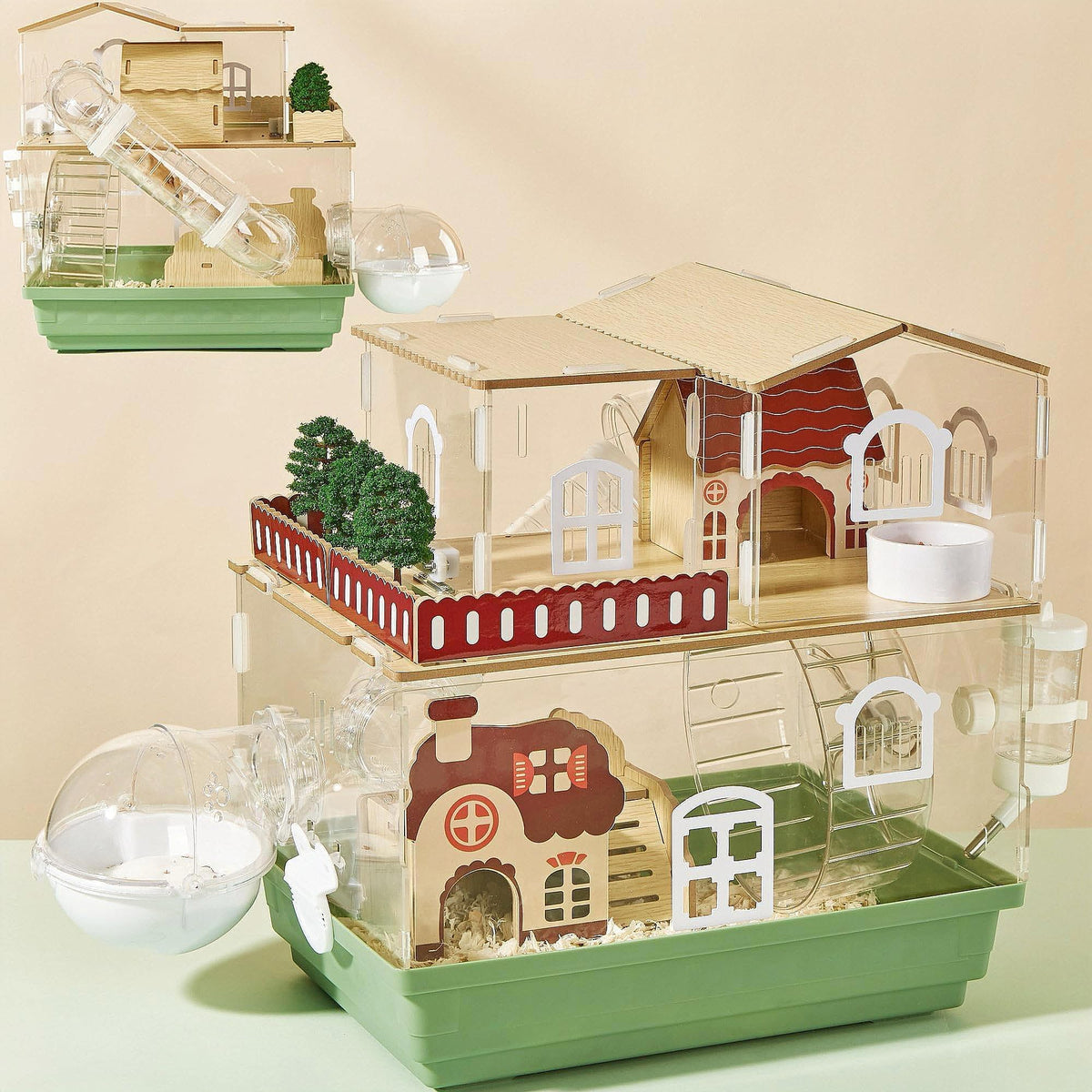 Cage ECOCEN pour hamster en acrylique clair avec tous les accessoires inclus.