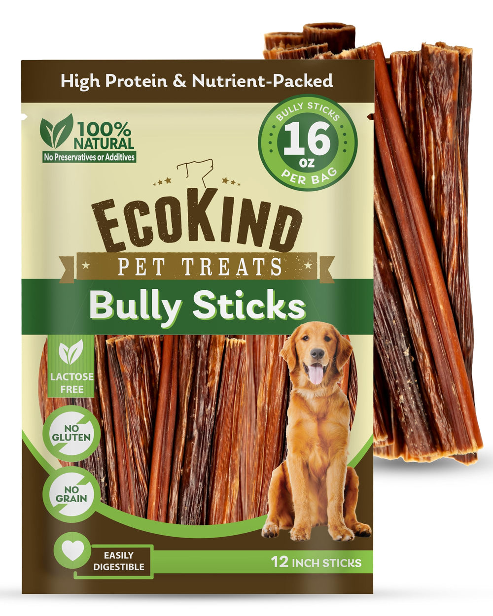 EcoKind Bâton Boeuf 12 pouces en emballage, encas durable et naturel pour chien.