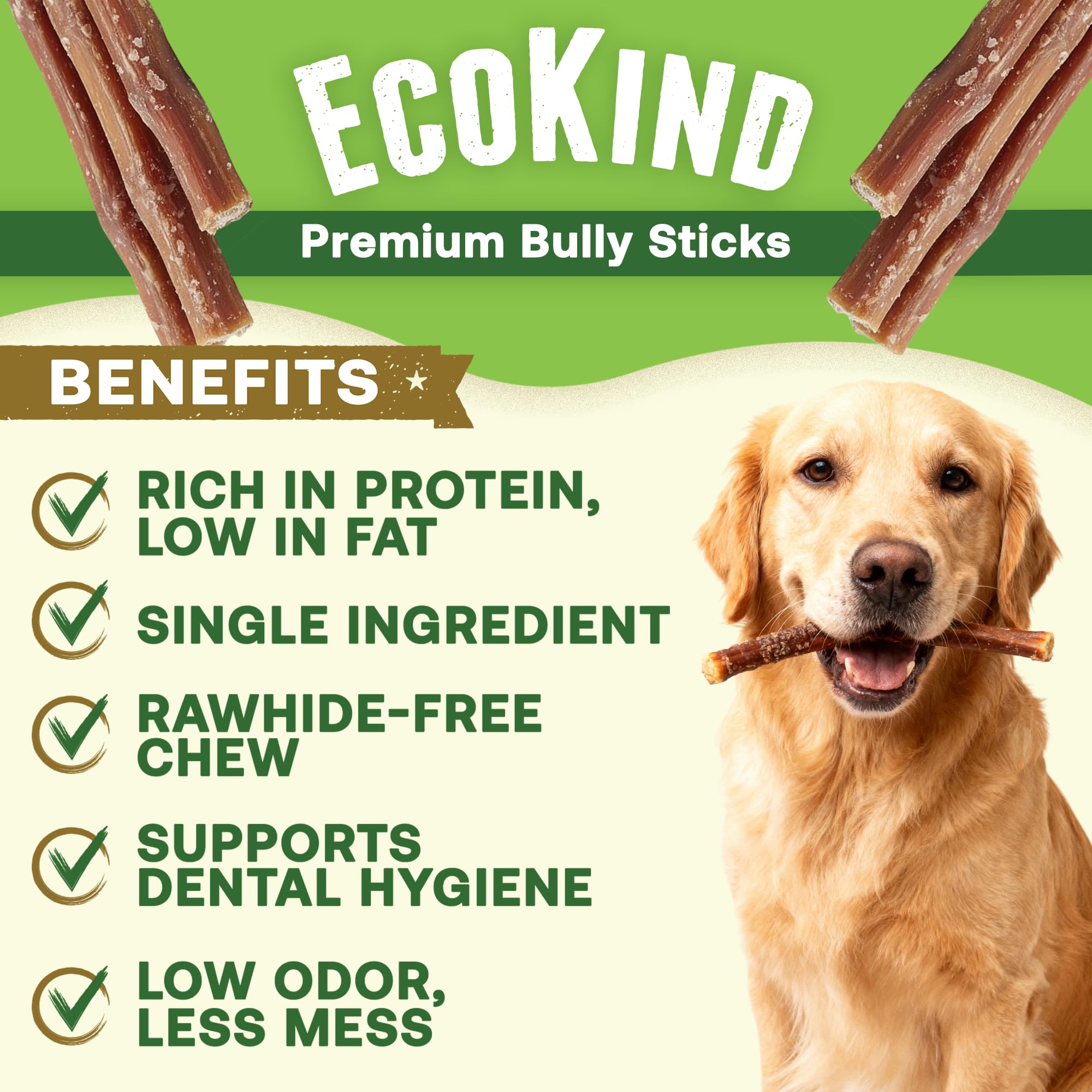 EcoKind Bâton Boeuf 12 pouces, vue produit, récompense protéinée et savoureuse.