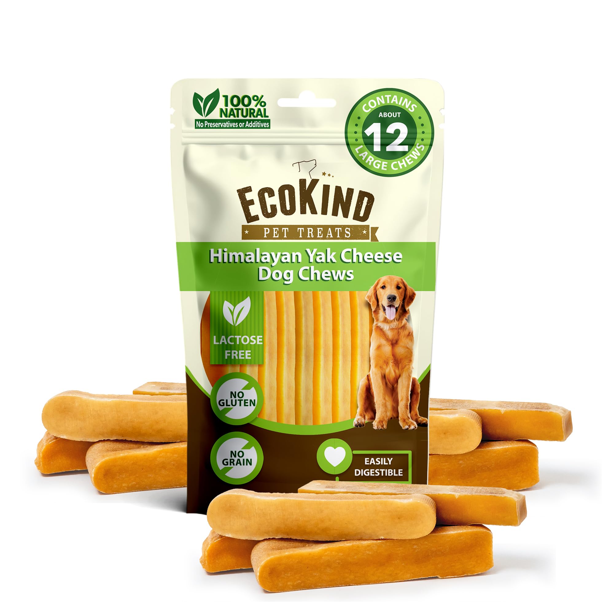 EcoKind Premium Gold Yak Chews emballage — friandise naturelle pour chiens actifs.