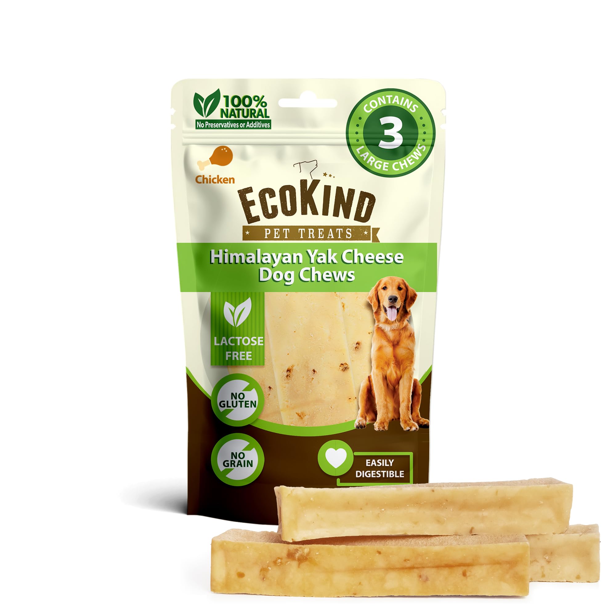 EcoKind Yak Cheese Himalaya pack de 3 os à mâcher, parfait pour chiens actifs.