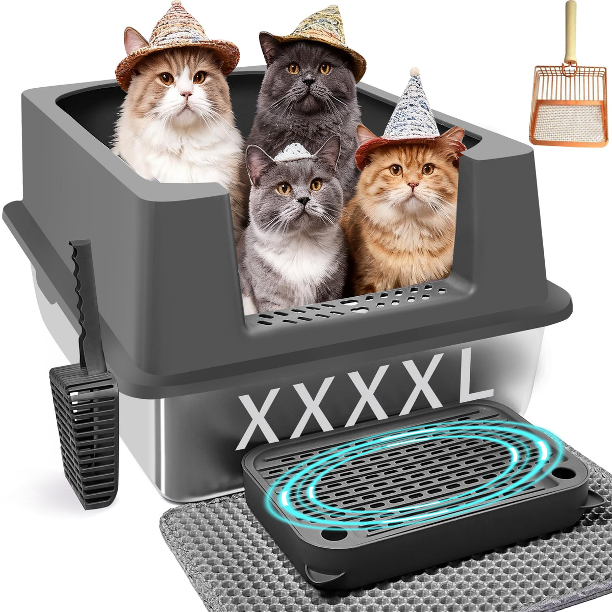 Ecsdsvsd bac a litiere XXXXL en acier inoxydable, espace spacieux pour grands chats