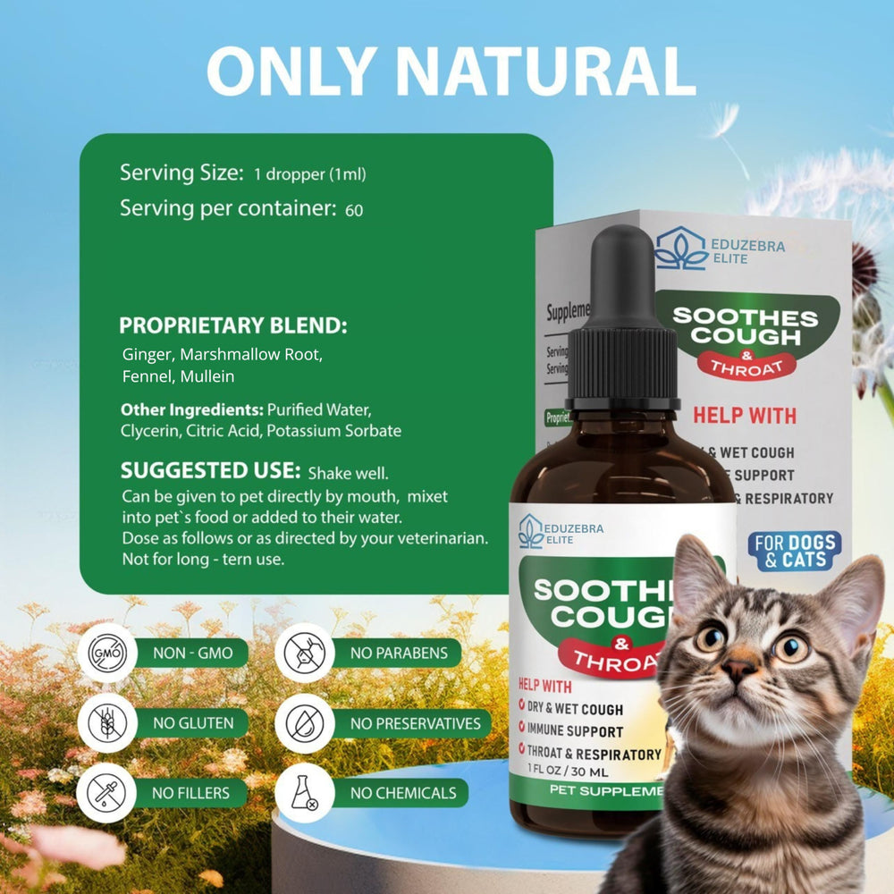 Gouttes EduZebra pour toux chez chiens et chats, utilisation flexible.