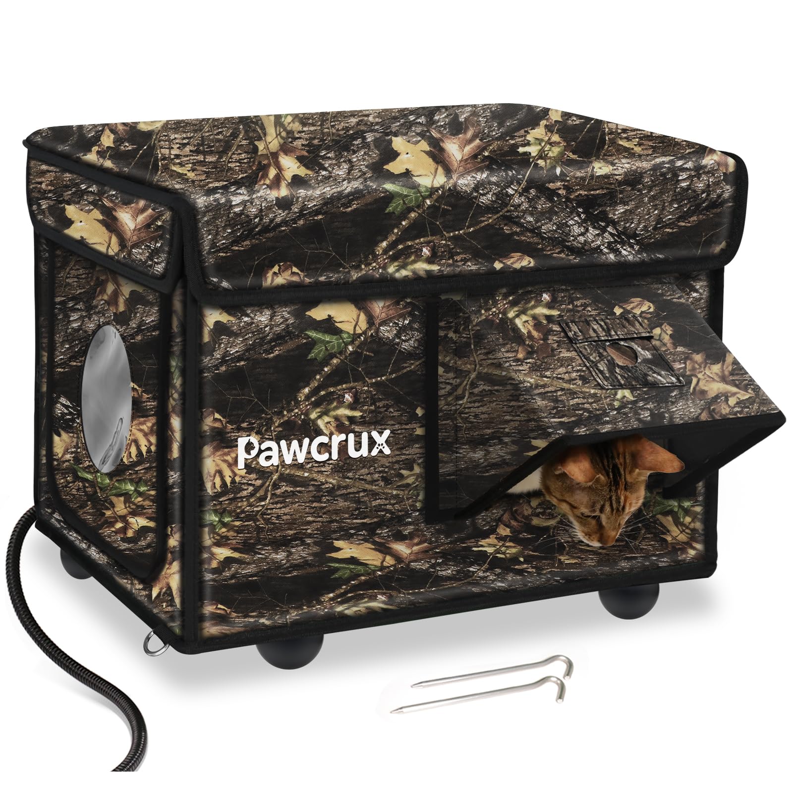 Maison chauffée Eekkii pour chat, extérieur, porte double, confort hivernal.