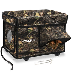 Maison chauffée Eekkii pour chat, extérieur, porte double, confort hivernal.