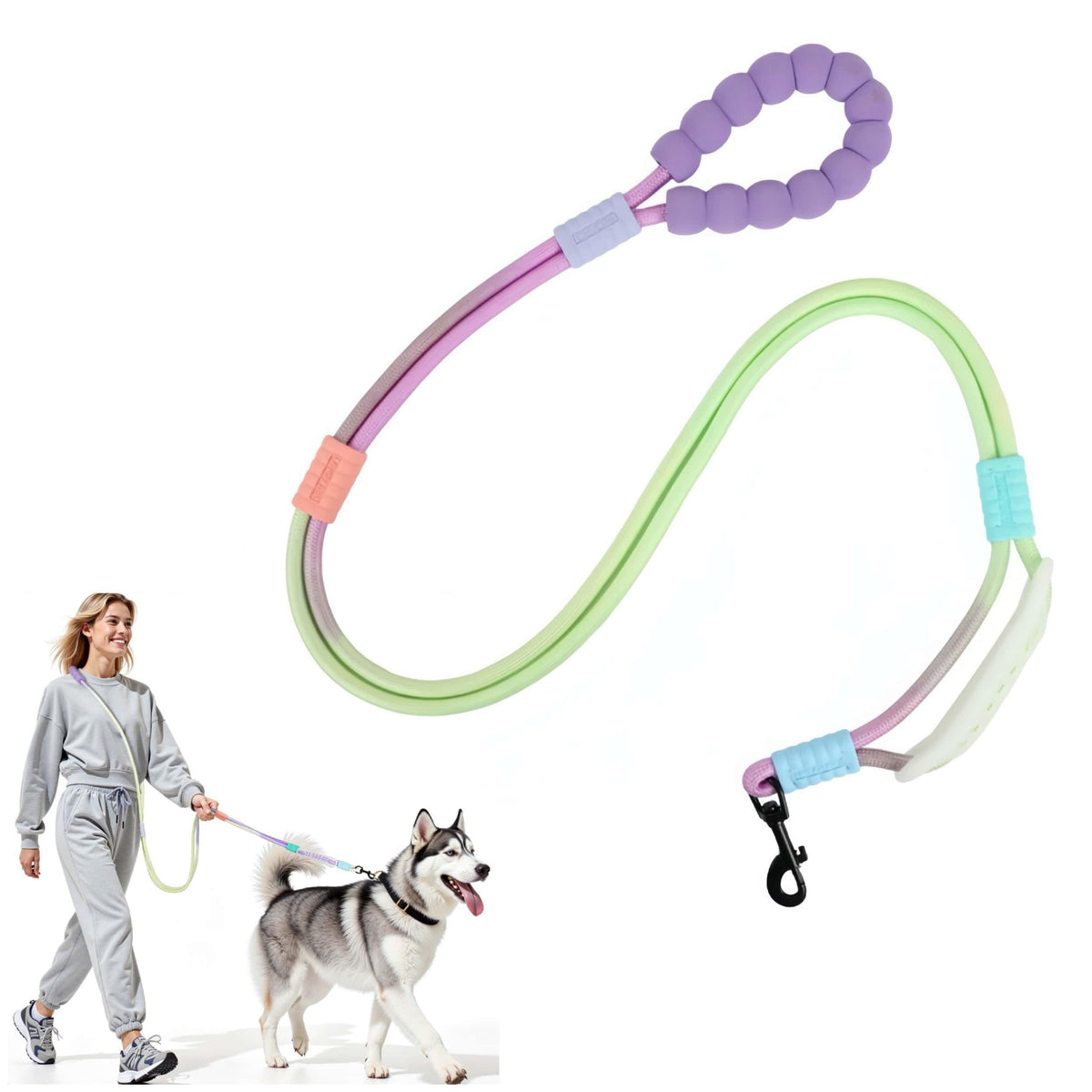 EffiBrill, laisse mains-libres double manche violet-vert, pour plus de liberté lors des balades.
