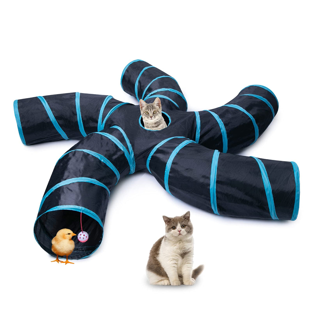 Tunnel EGETOTA grand bleu-noir avec balle pour chat, stimulation ludique.