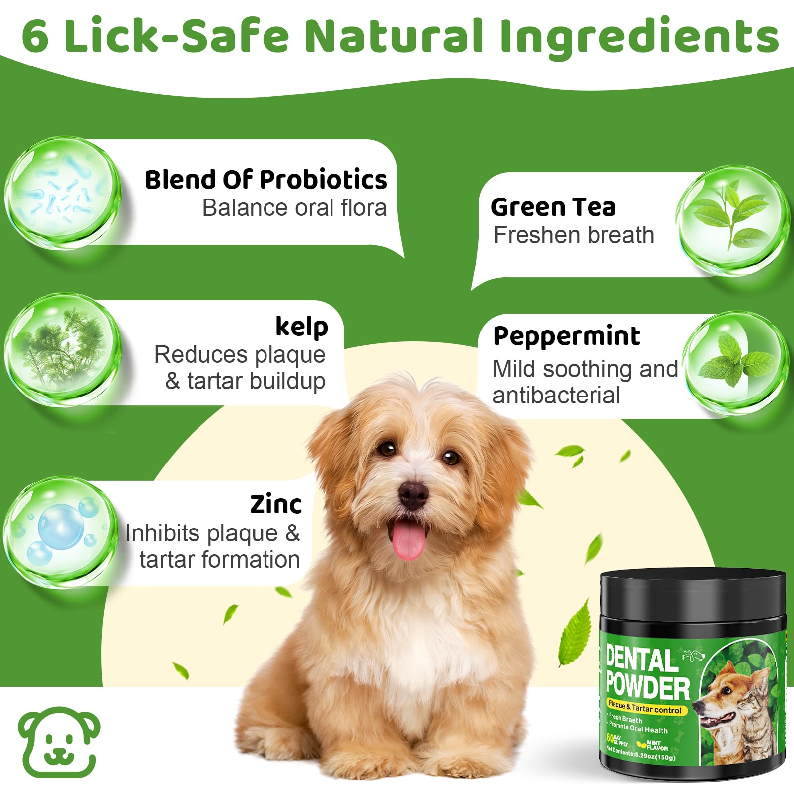 Poudre dentaire Eglagen pour chien saupoudrée sur nourriture pour haleine fraîche.