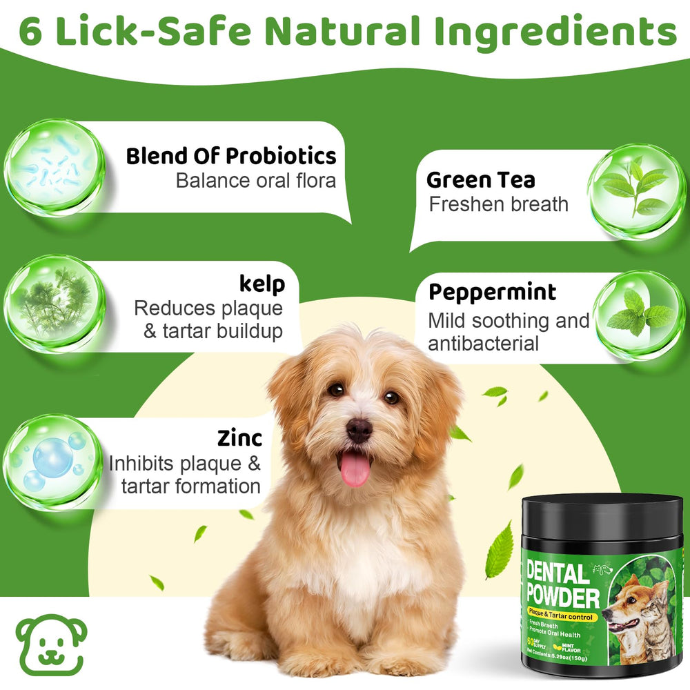 Poudre dentaire Eglagen pour chien saupoudrée sur nourriture pour haleine fraîche.