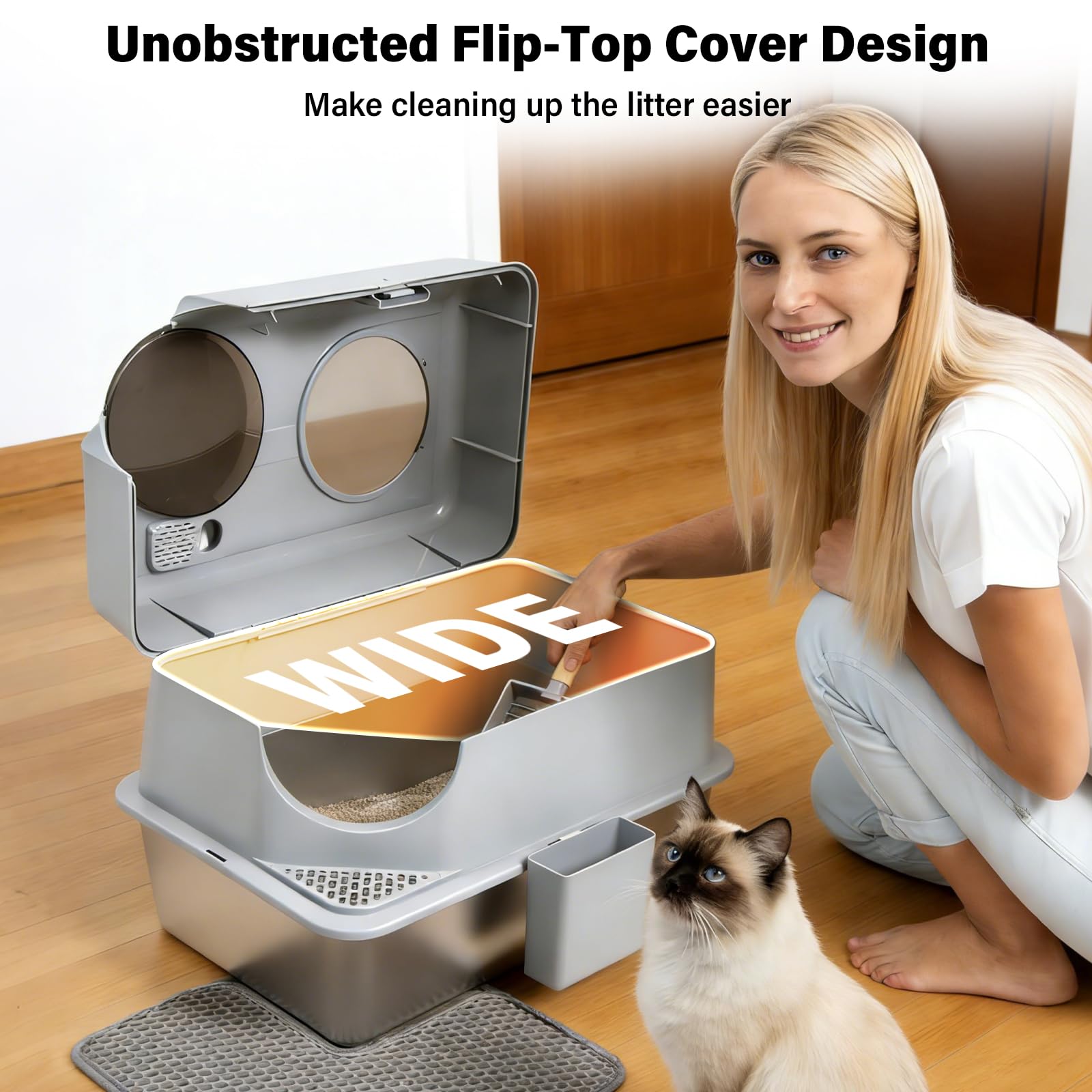 EGMEHOAD litière en acier inoxydable dimensions intérieures généreuses pour confort des chats.
