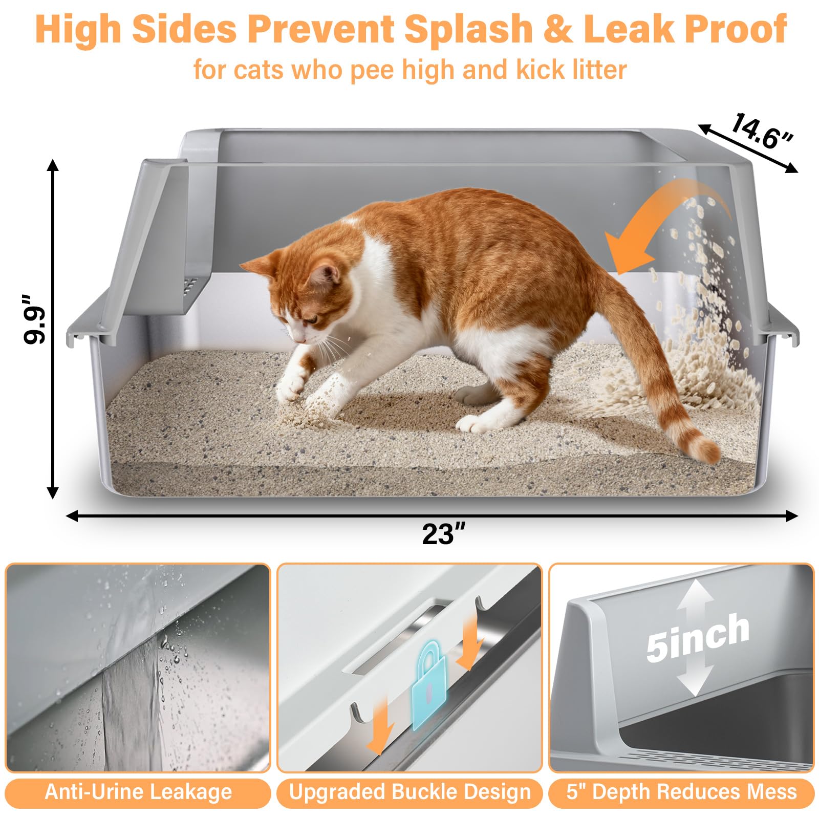 EGMEHOAD litière chat acier inox bords hauts pour prévenir les éclaboussures.