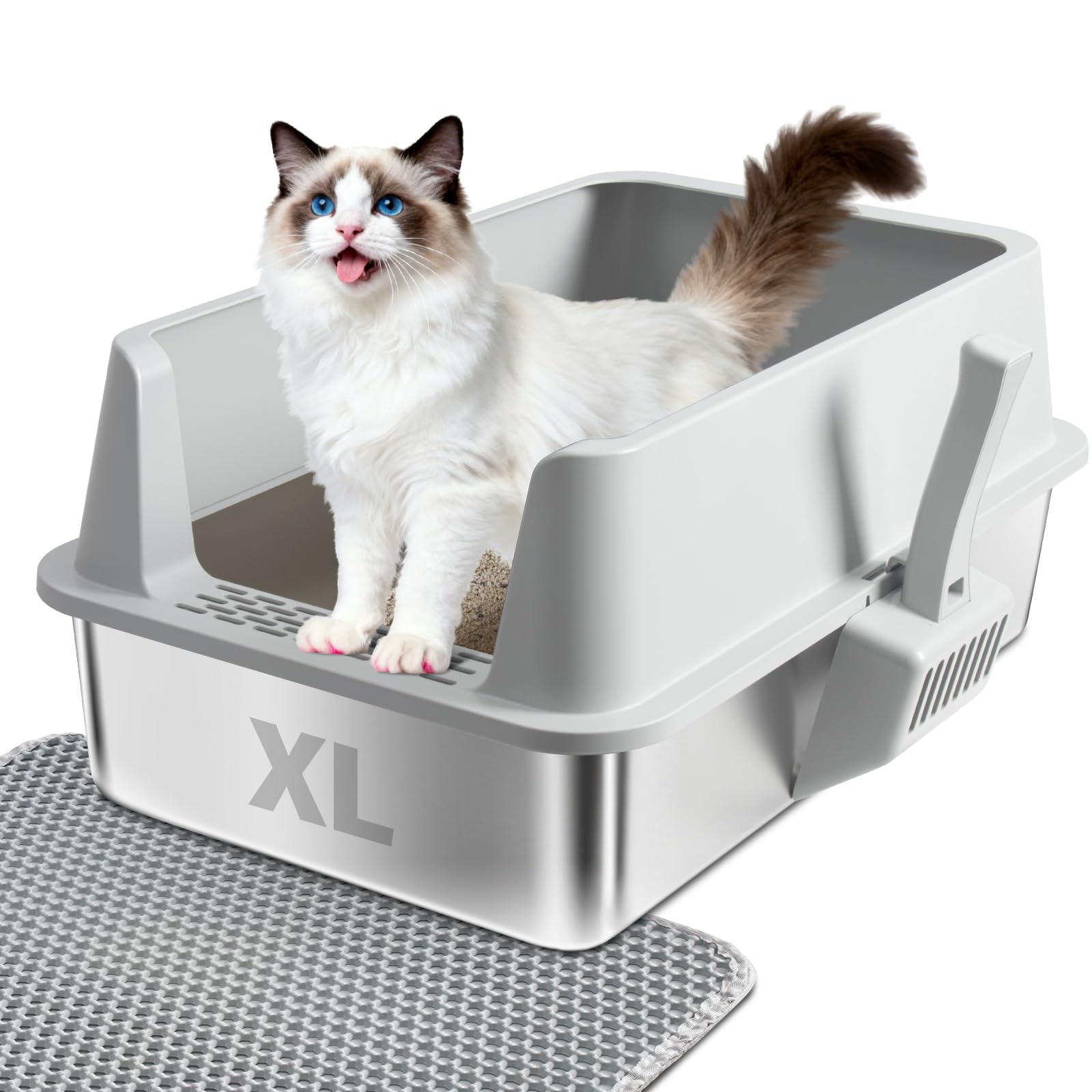 EGMEHOAD litière chat acier inox extra ouverte, accès simple pour le nettoyage.