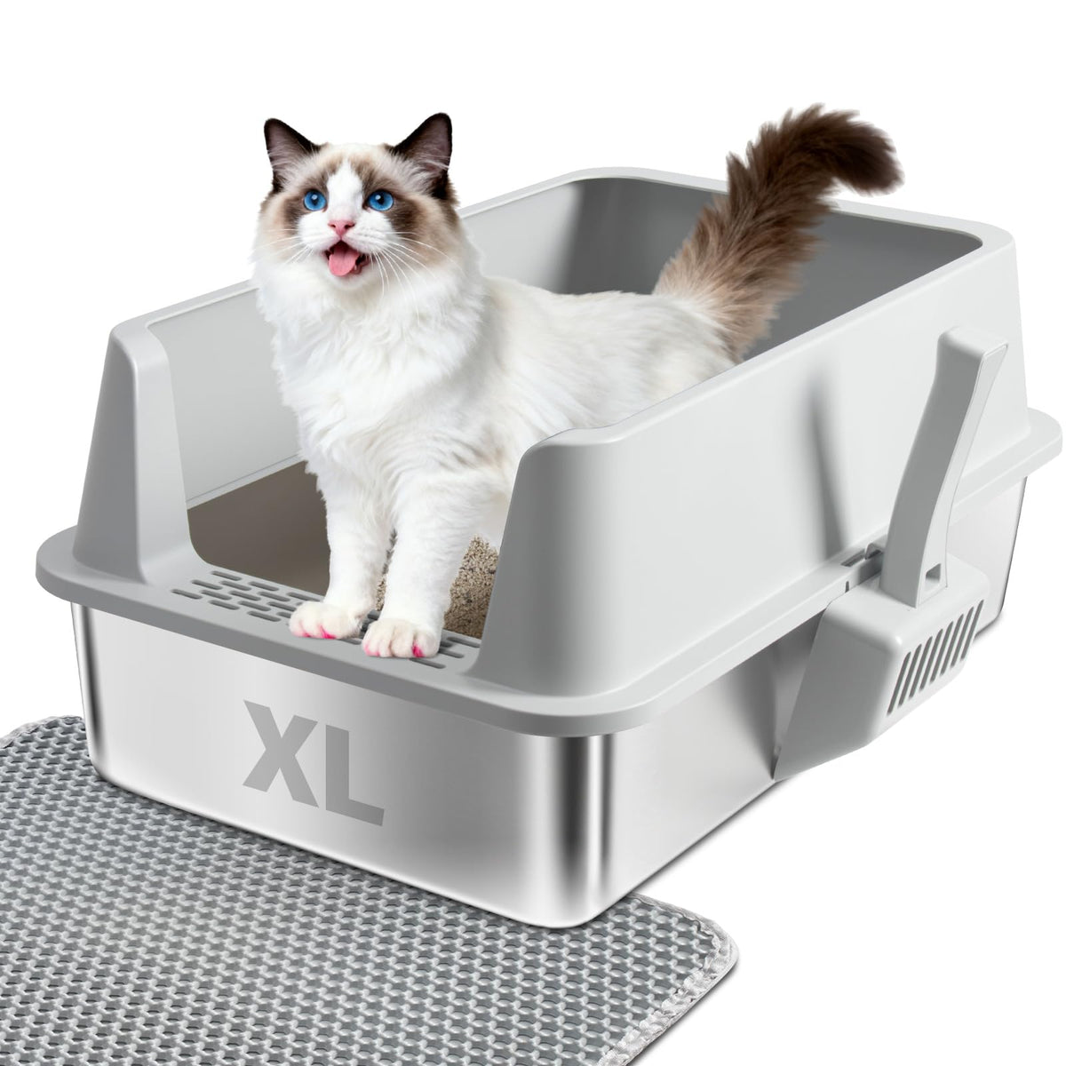 EGMEHOAD litière chat acier inox extra ouverte, accès simple pour le nettoyage.