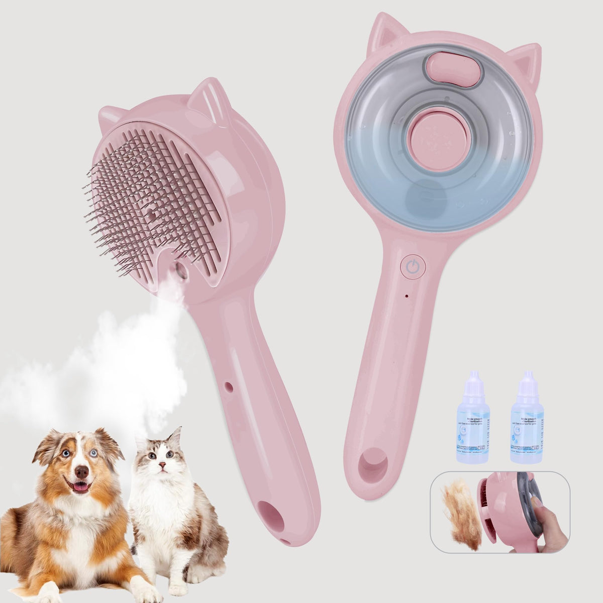 Brosse vapeur Eilimy pour animaux en rose, facilite le toilettage quotidien.