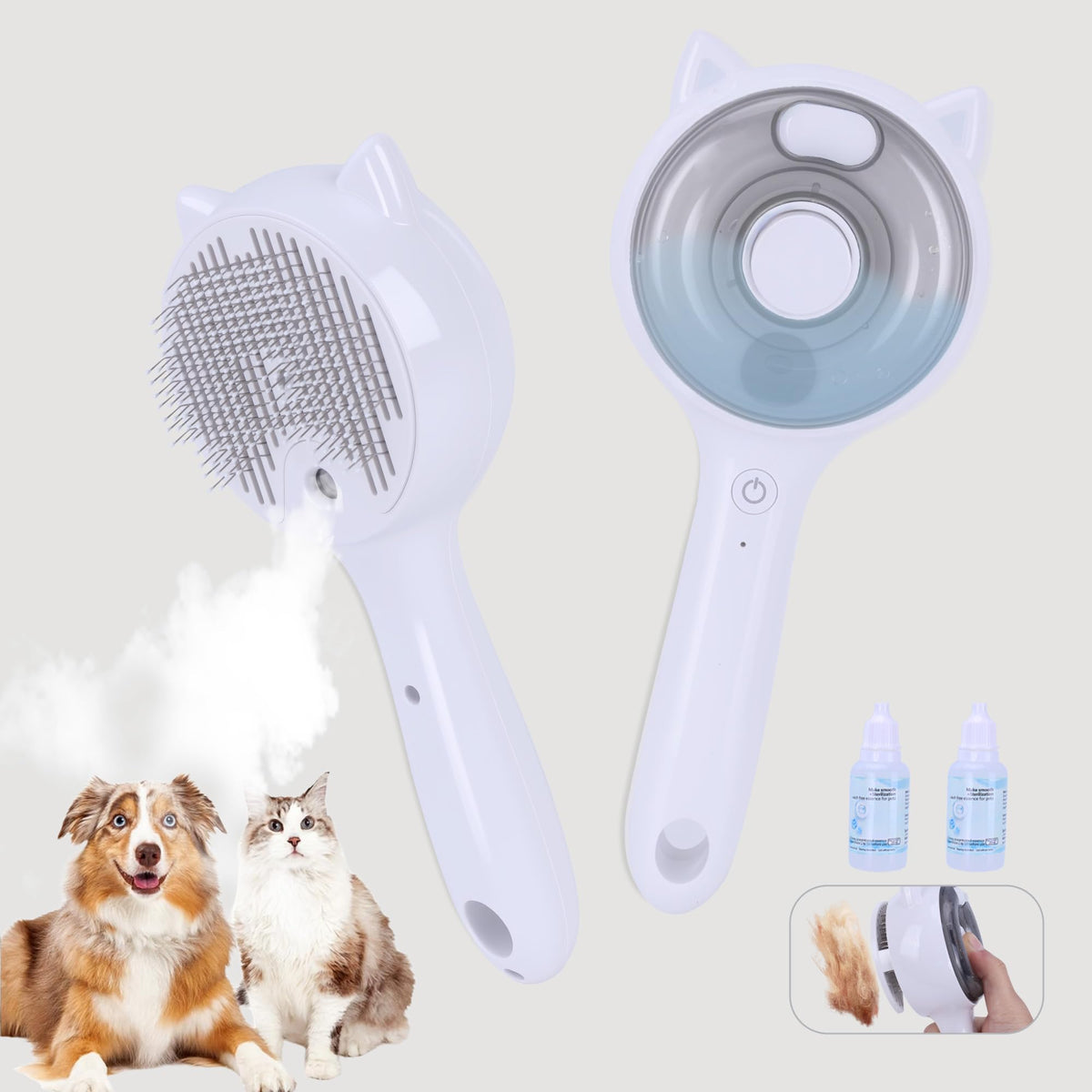 Brosse vapeur Eilimy pour chat et chien en action, soin 3-en-1 efficace