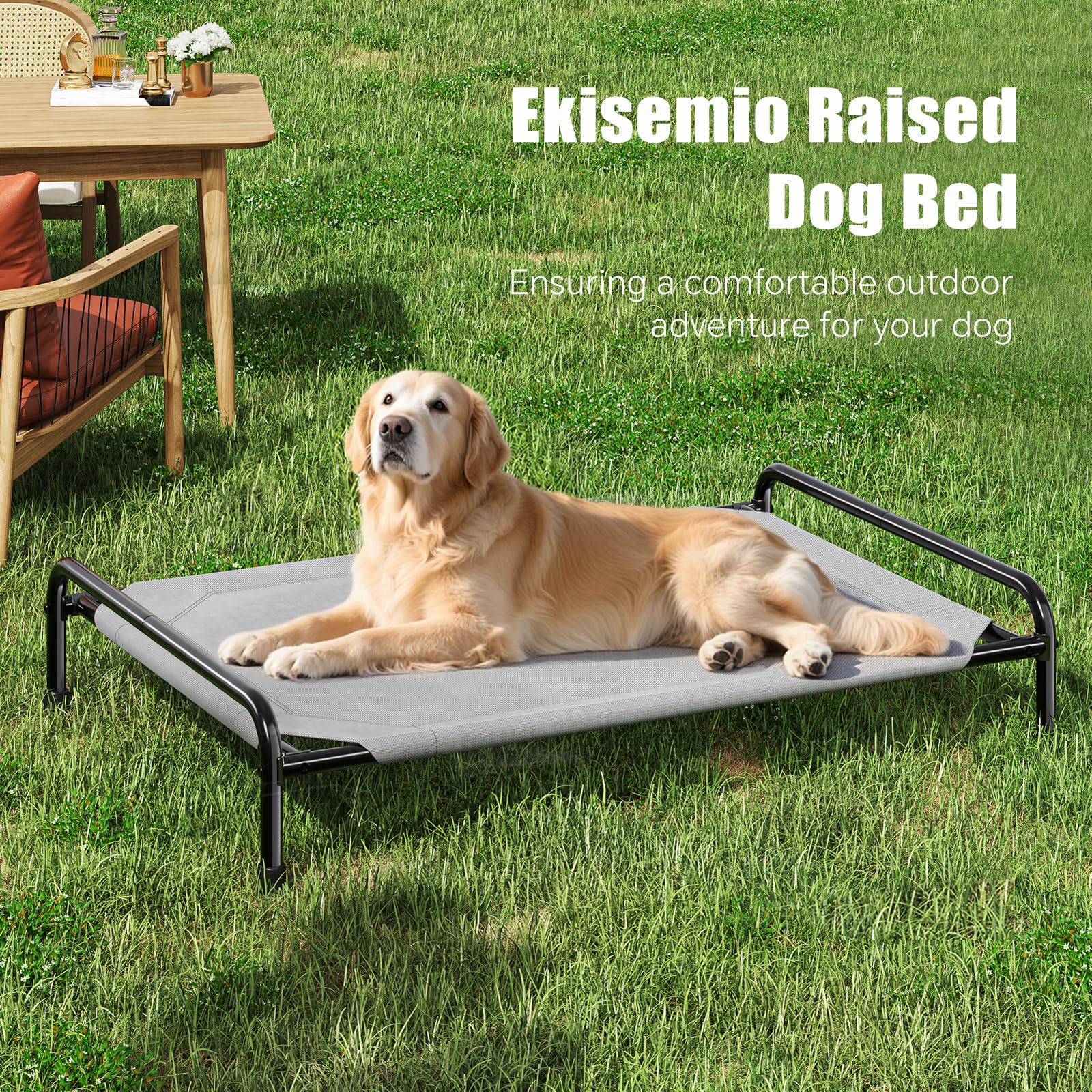 Ekisemio lit elevé pour chien, confort durable en extérieur gris.