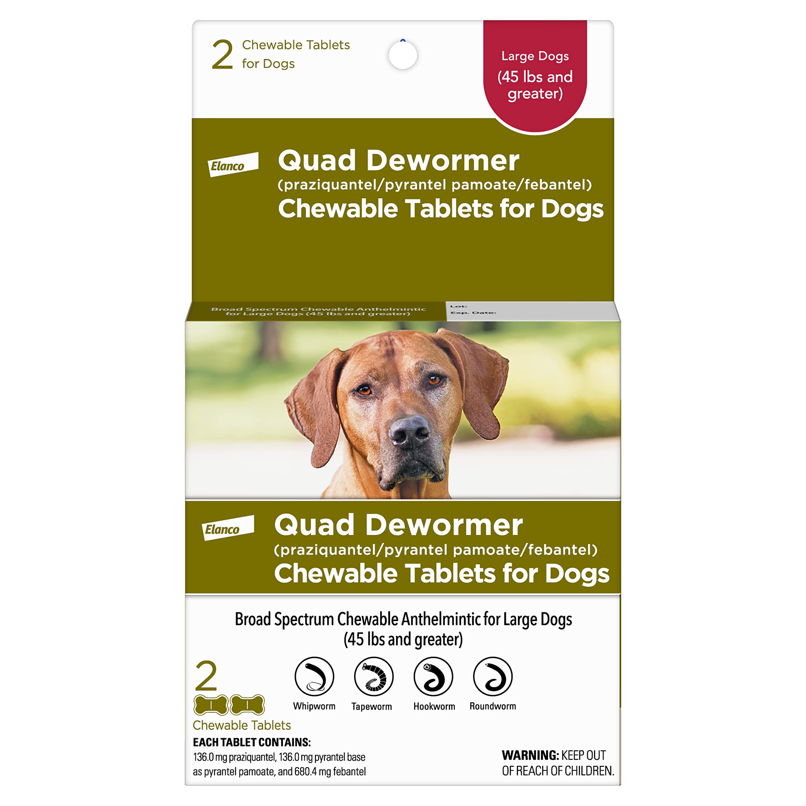 Tablettes Elanco Quad Dewormer au goût boeuf, faciles à administrer au chien.