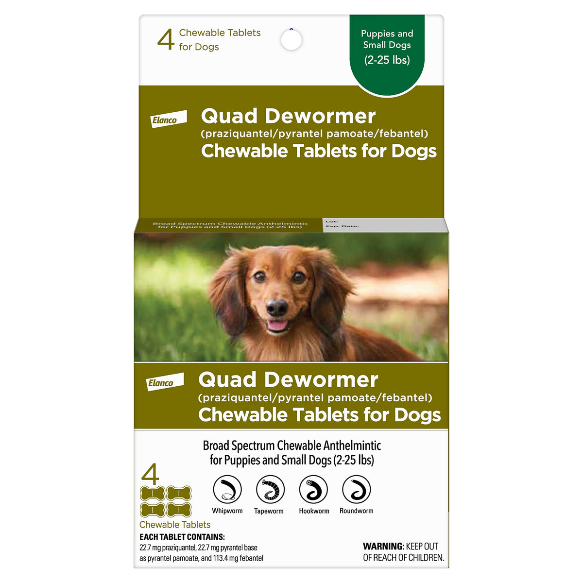 Elanco Quad Déparasitant – comprimés à mâcher goût boeuf pour chiens, faciles à donner.
