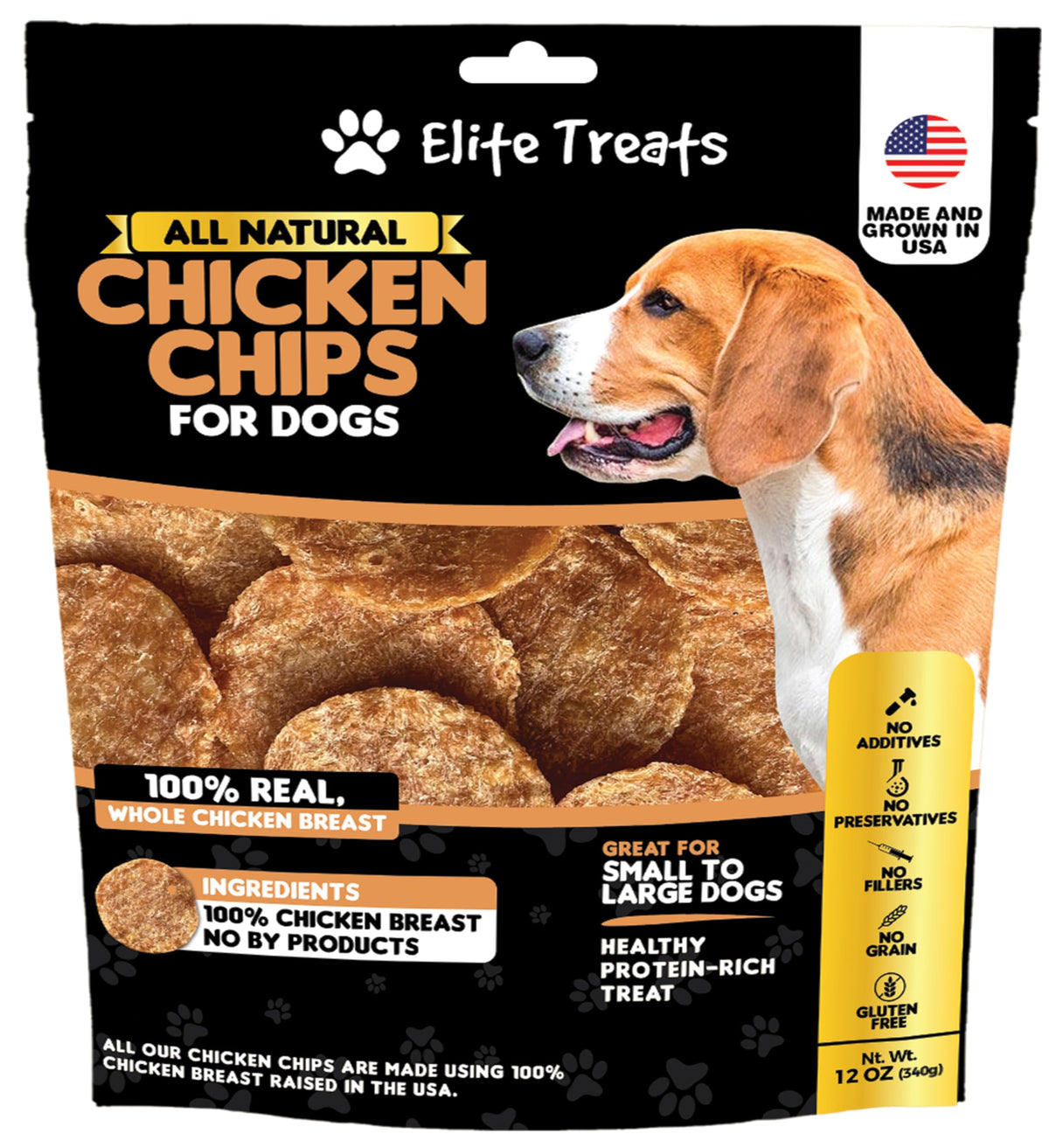 Elite Treats Chips poulet séché dans le sachet prêt à l'entraînement.