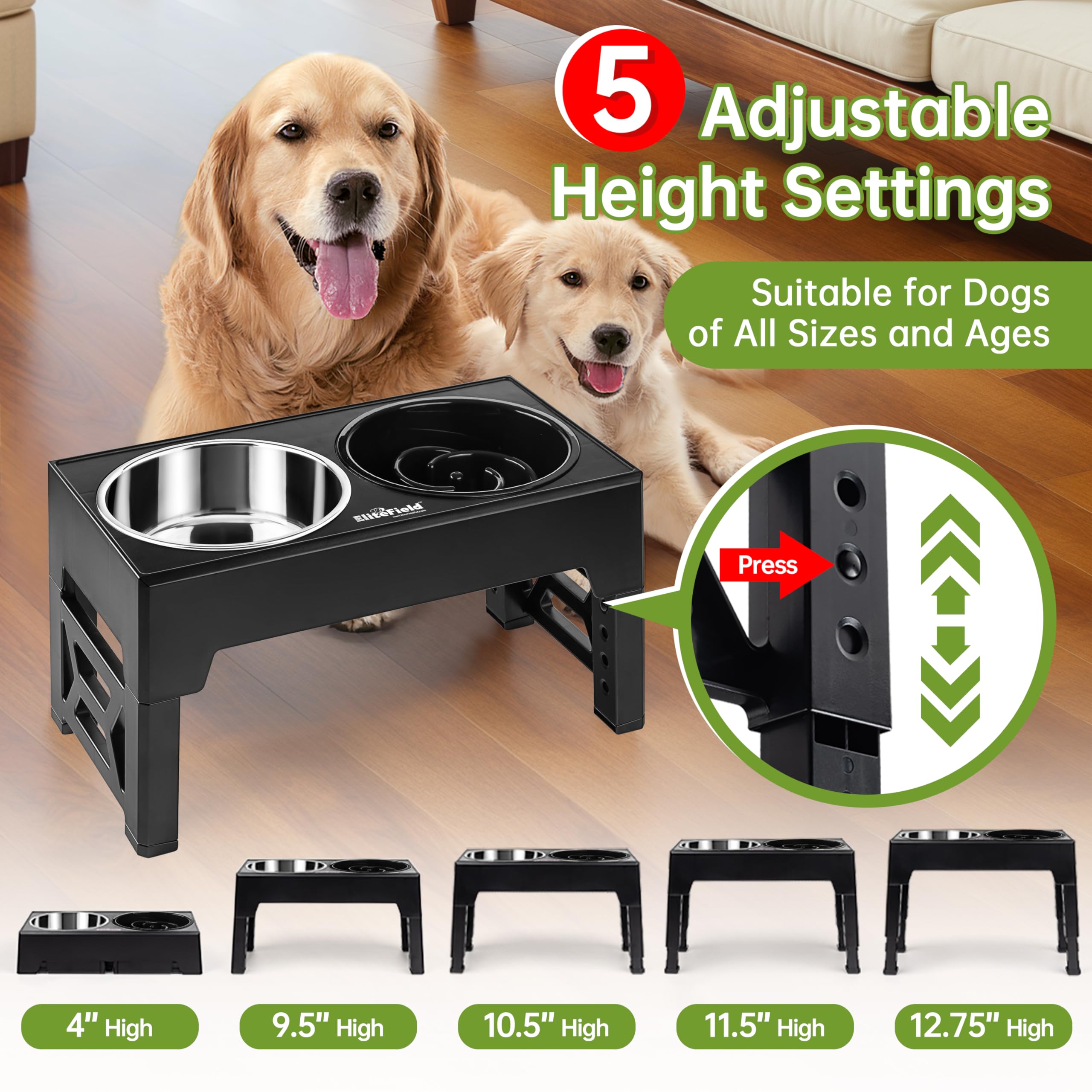EliteField hauteurs reglables cinq niveaux pour adapter le chien à sa taille et son confort.